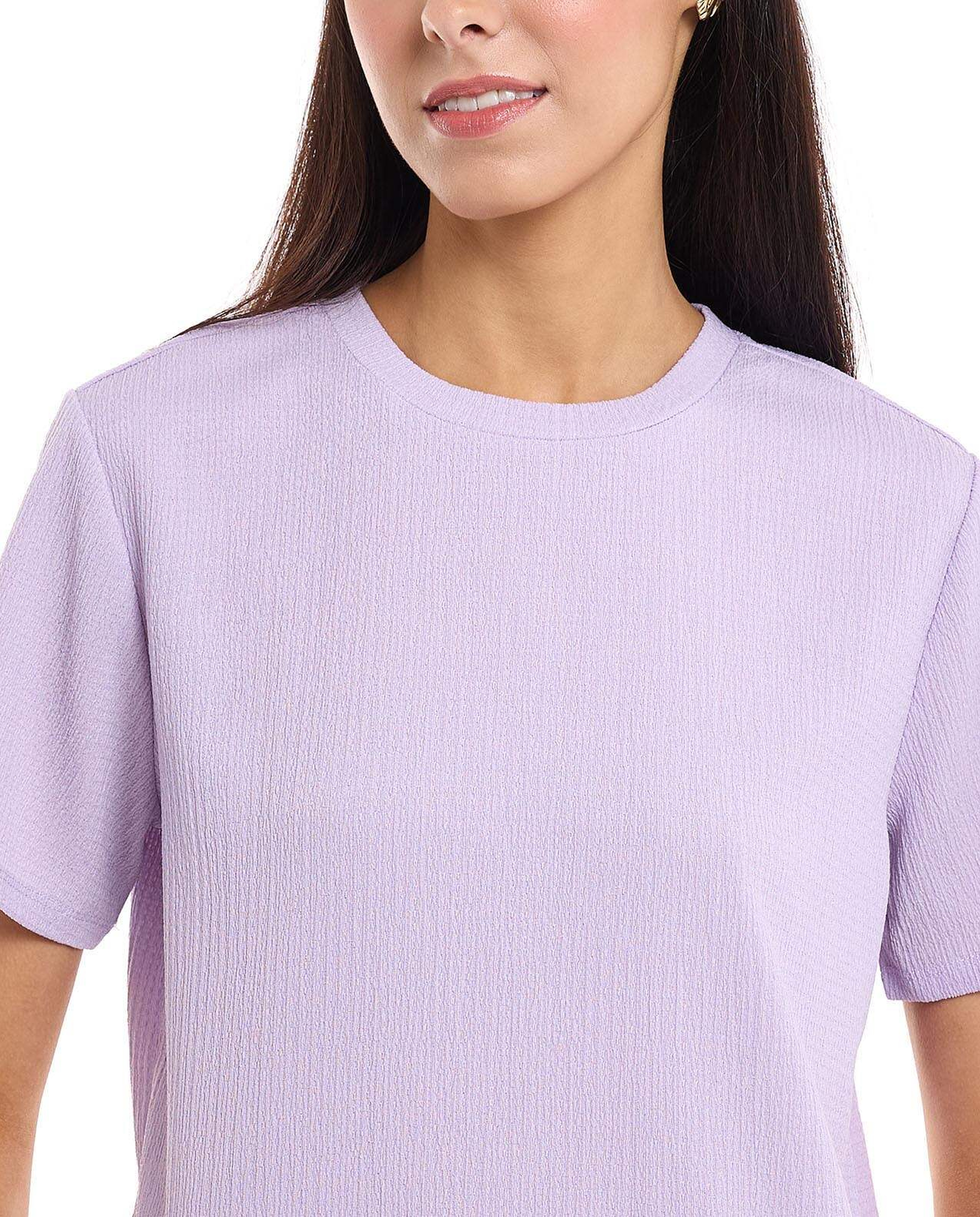 Textured Knit Top with Crew Neck and Short Sleeves
