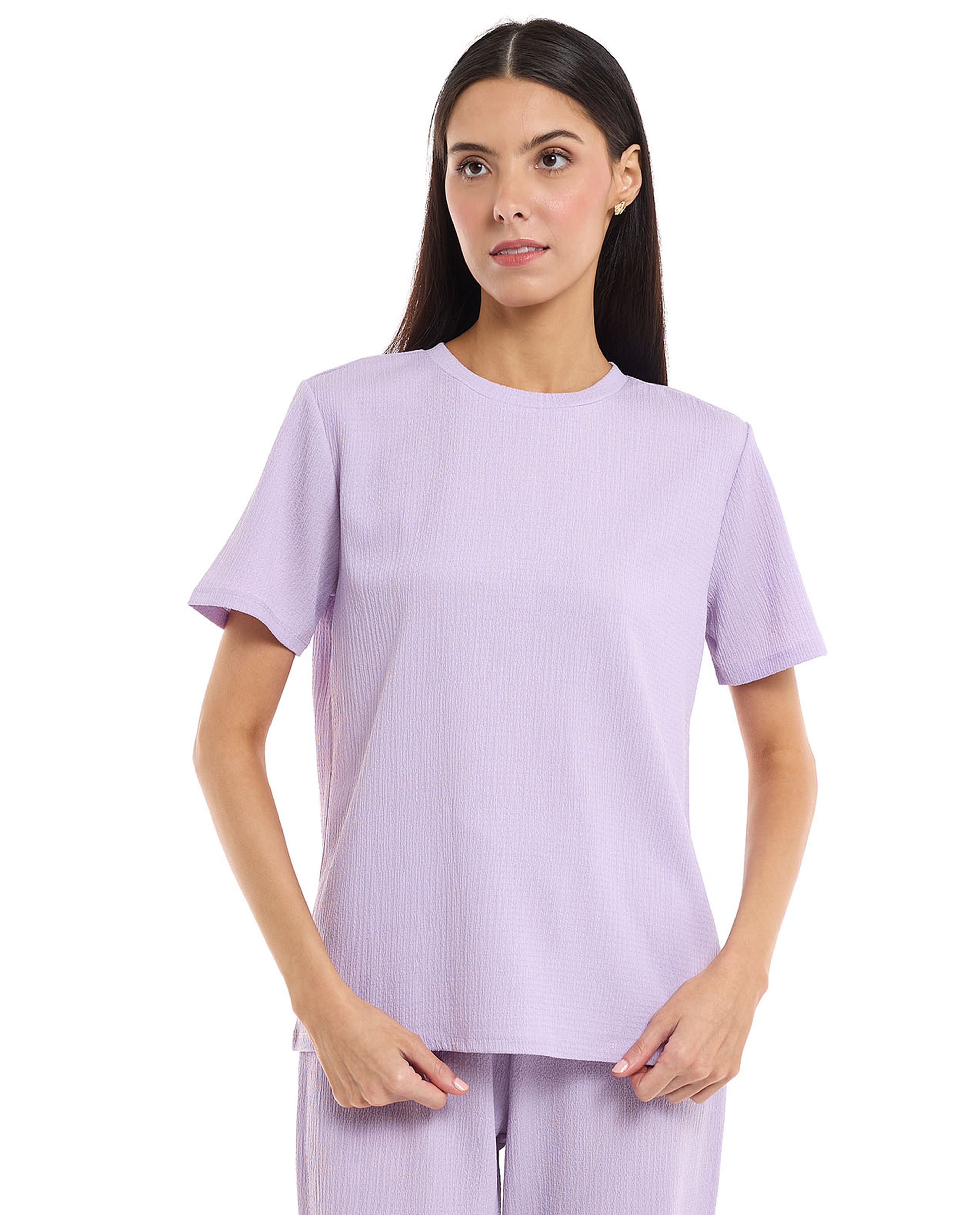 Textured Knit Top with Crew Neck and Short Sleeves