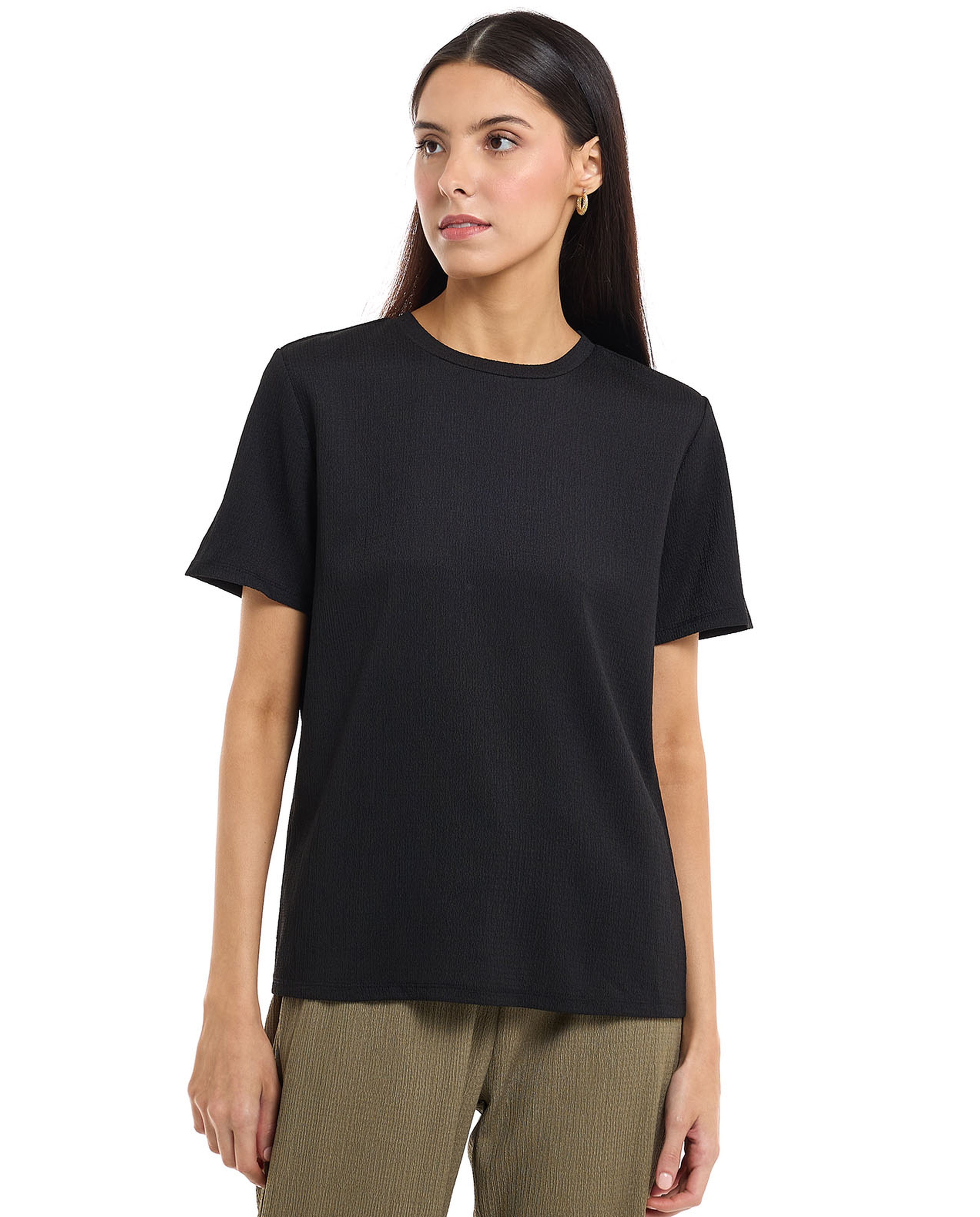 Textured Knit Top with Crew Neck and Short Sleeves