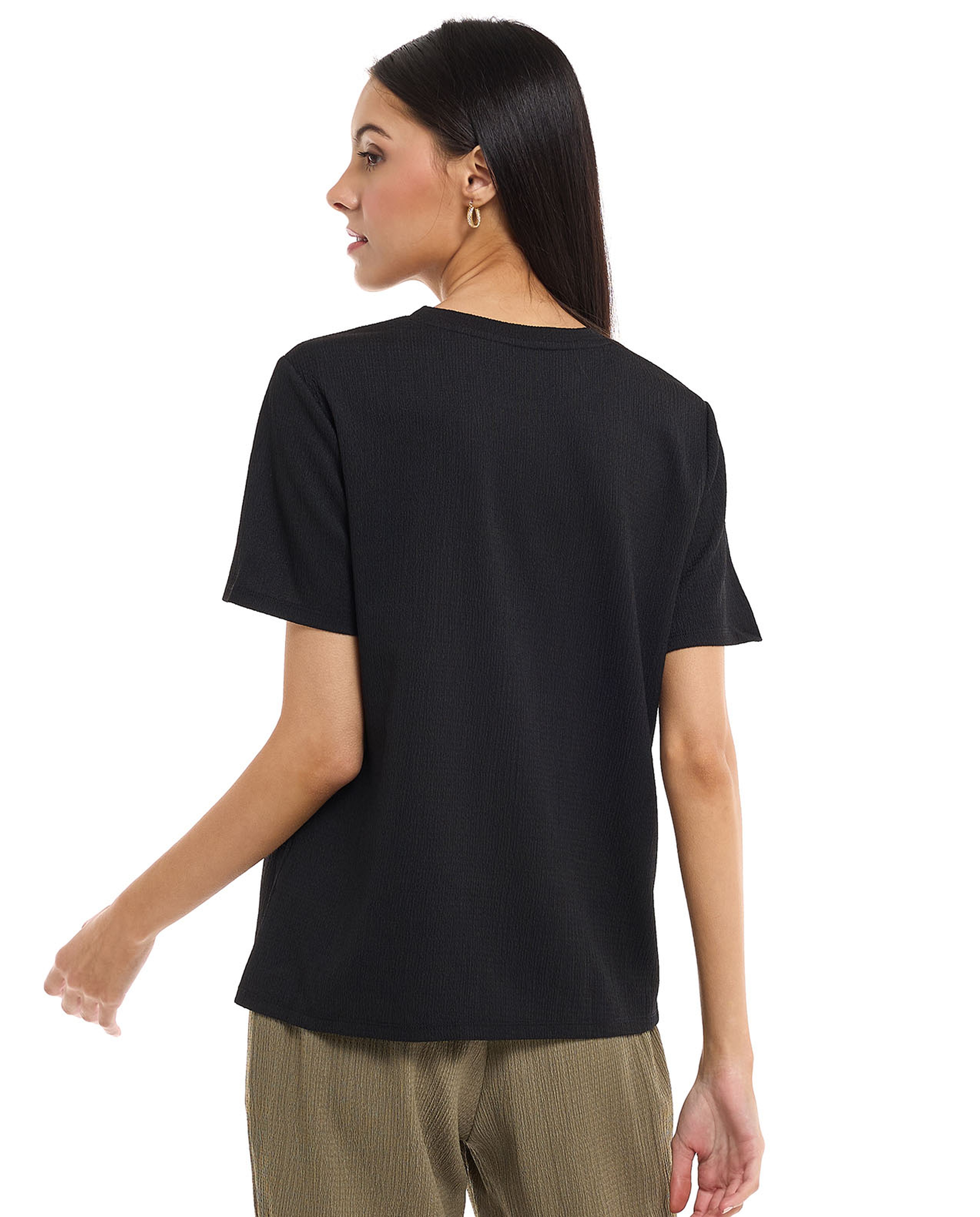 Textured Knit Top with Crew Neck and Short Sleeves