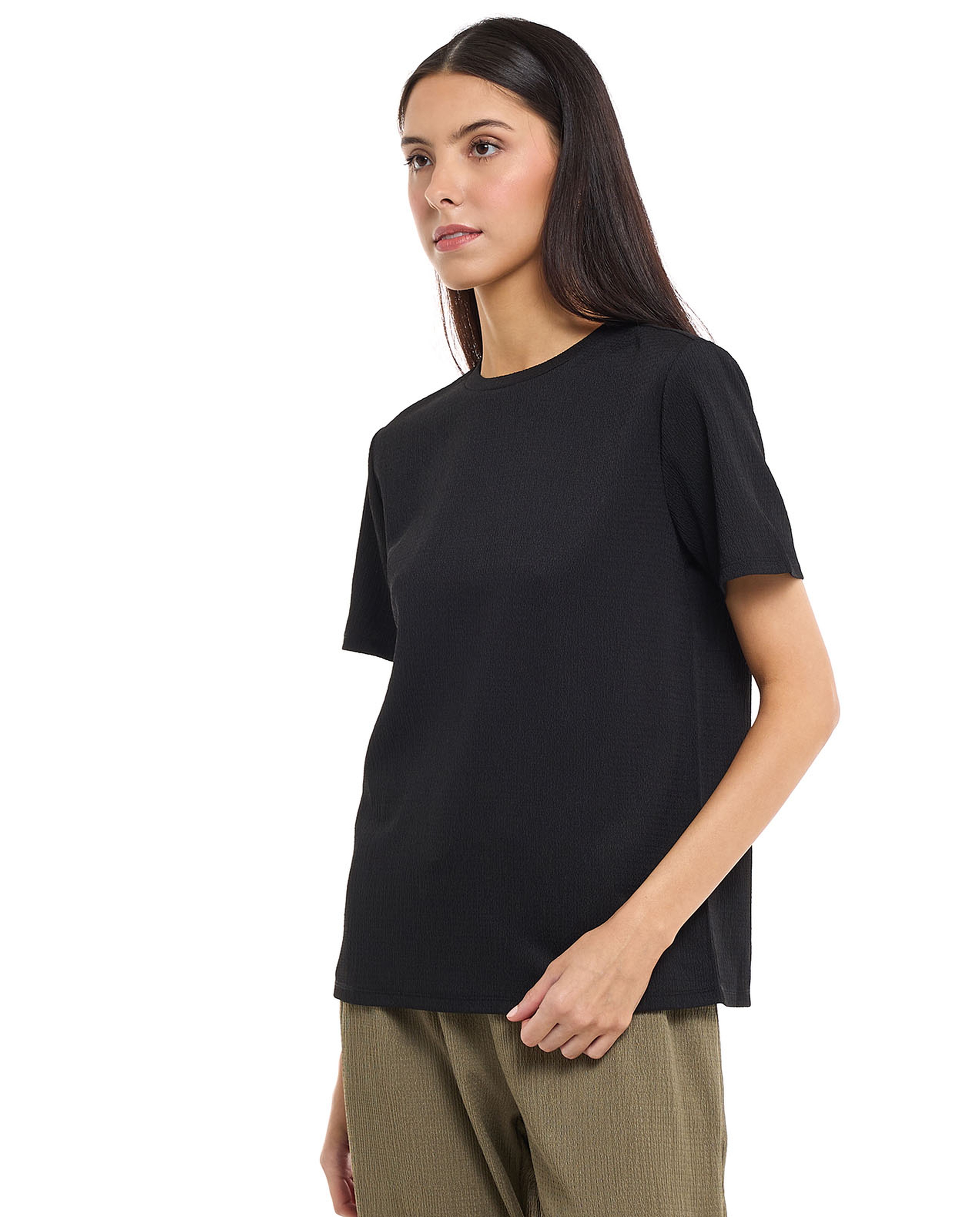 Textured Knit Top with Crew Neck and Short Sleeves