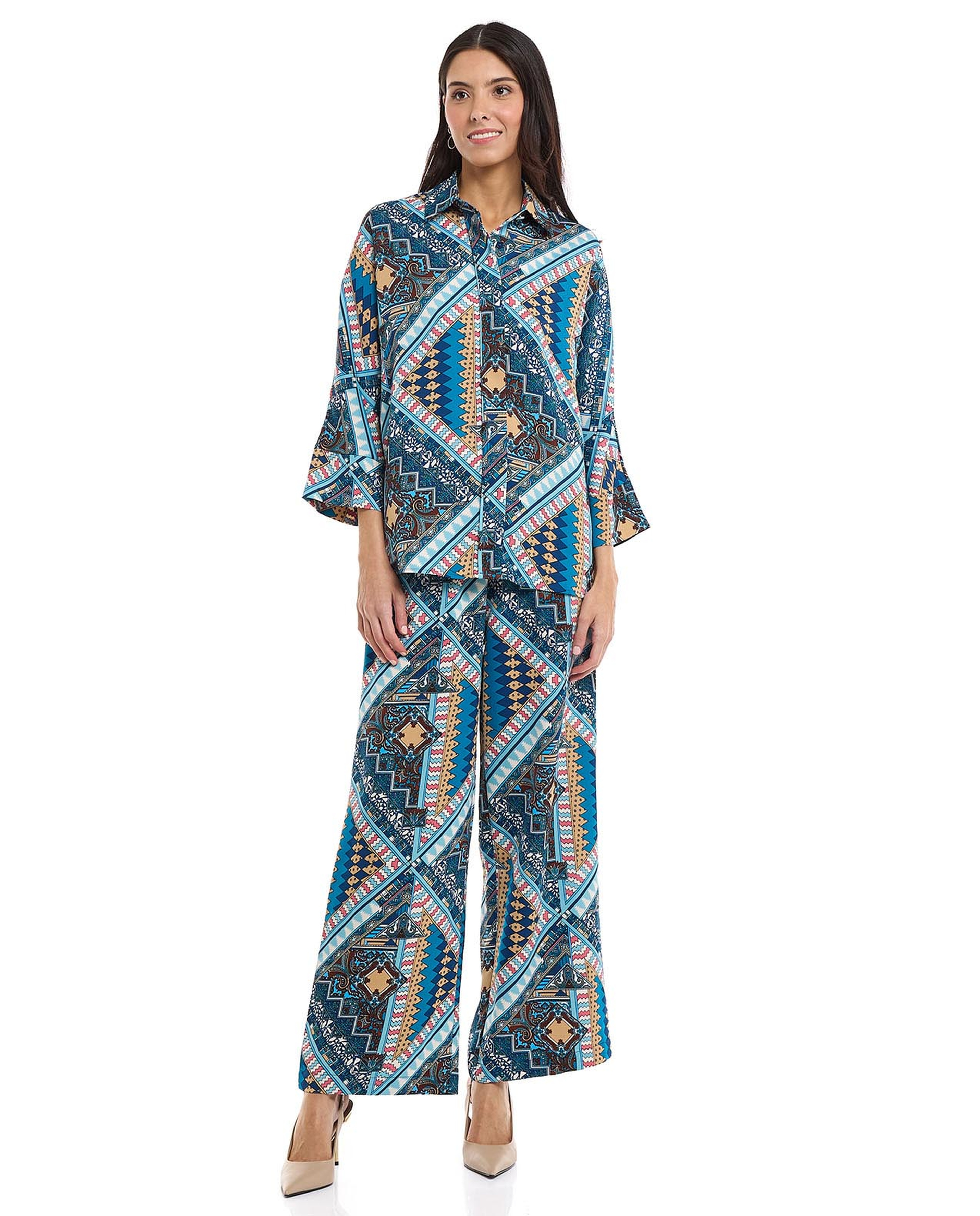 Patterned Shirt with Classic Collar and 3/4 Sleeves