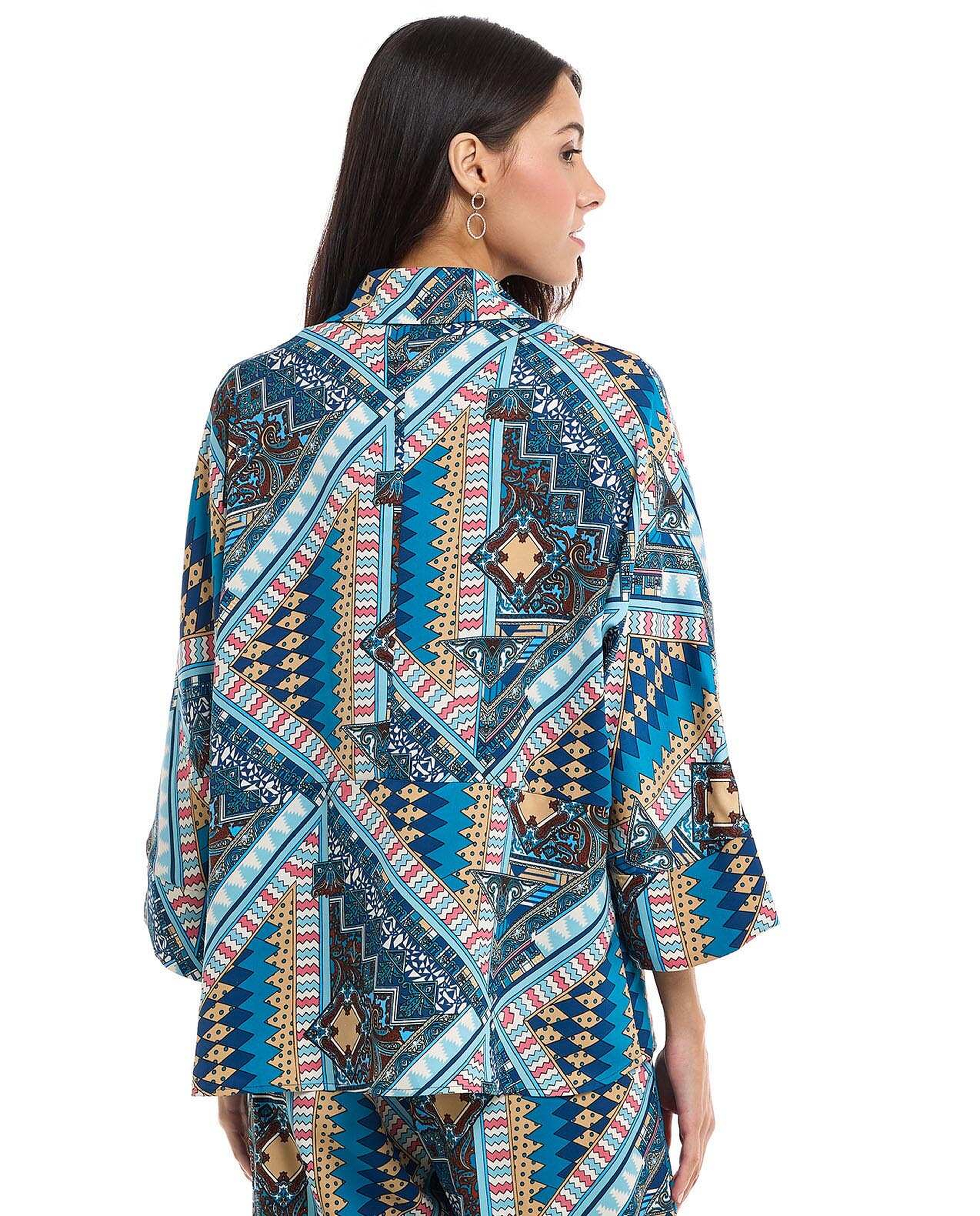 Patterned Shirt with Classic Collar and 3/4 Sleeves