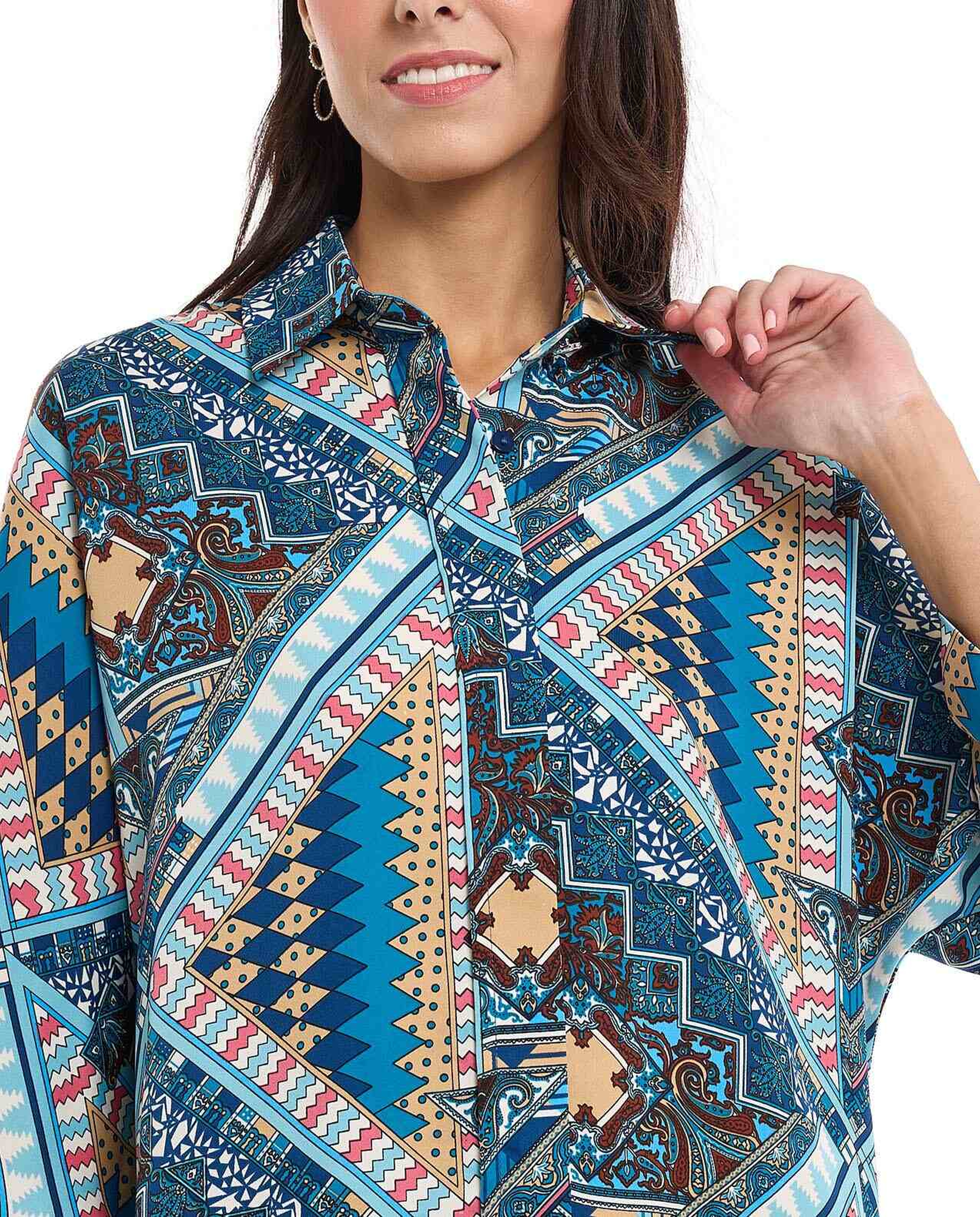 Patterned Shirt with Classic Collar and 3/4 Sleeves