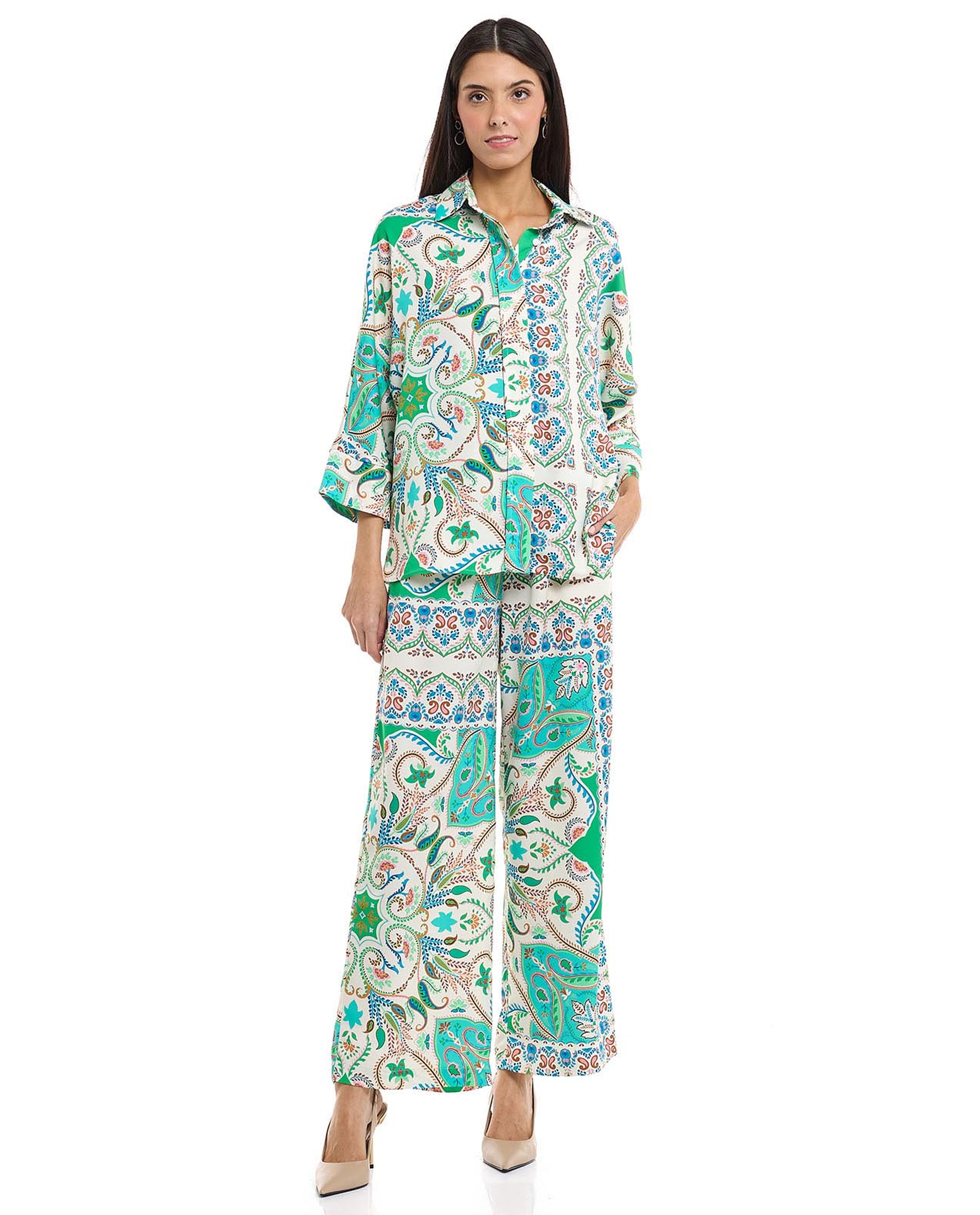 Patterned Shirt with Classic Collar and 3/4 Sleeves