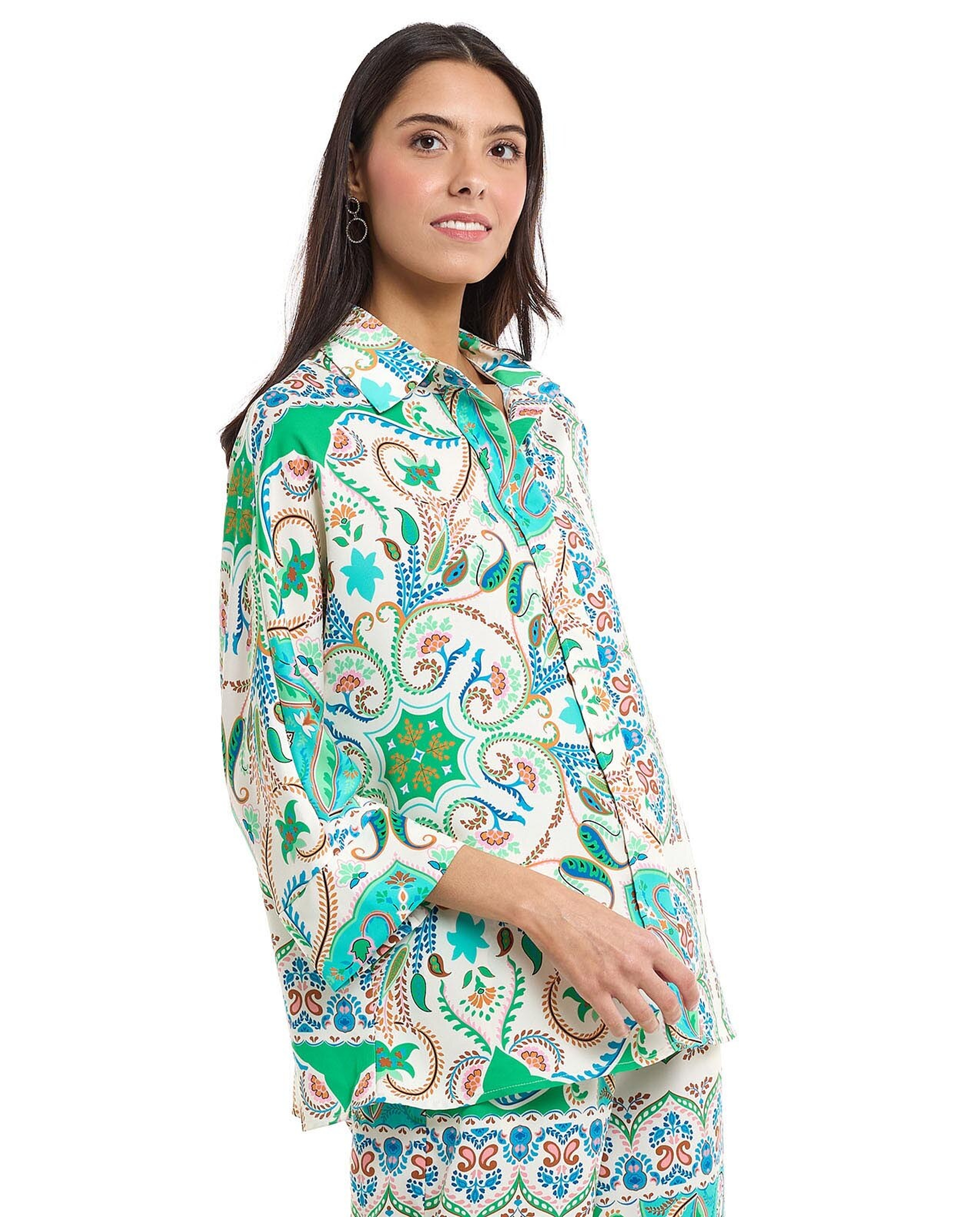 Patterned Shirt with Classic Collar and 3/4 Sleeves