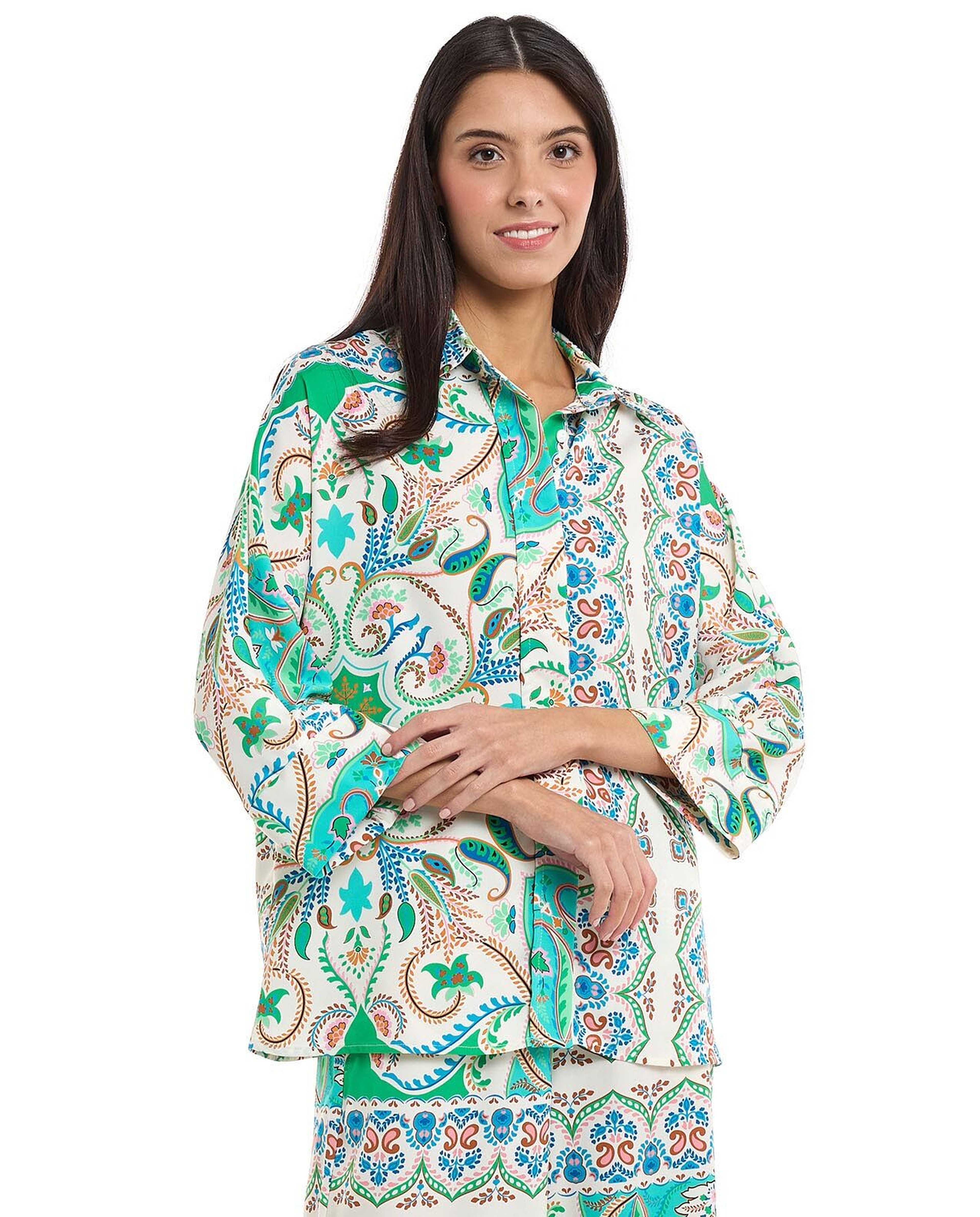 Patterned Shirt with Classic Collar and 3/4 Sleeves