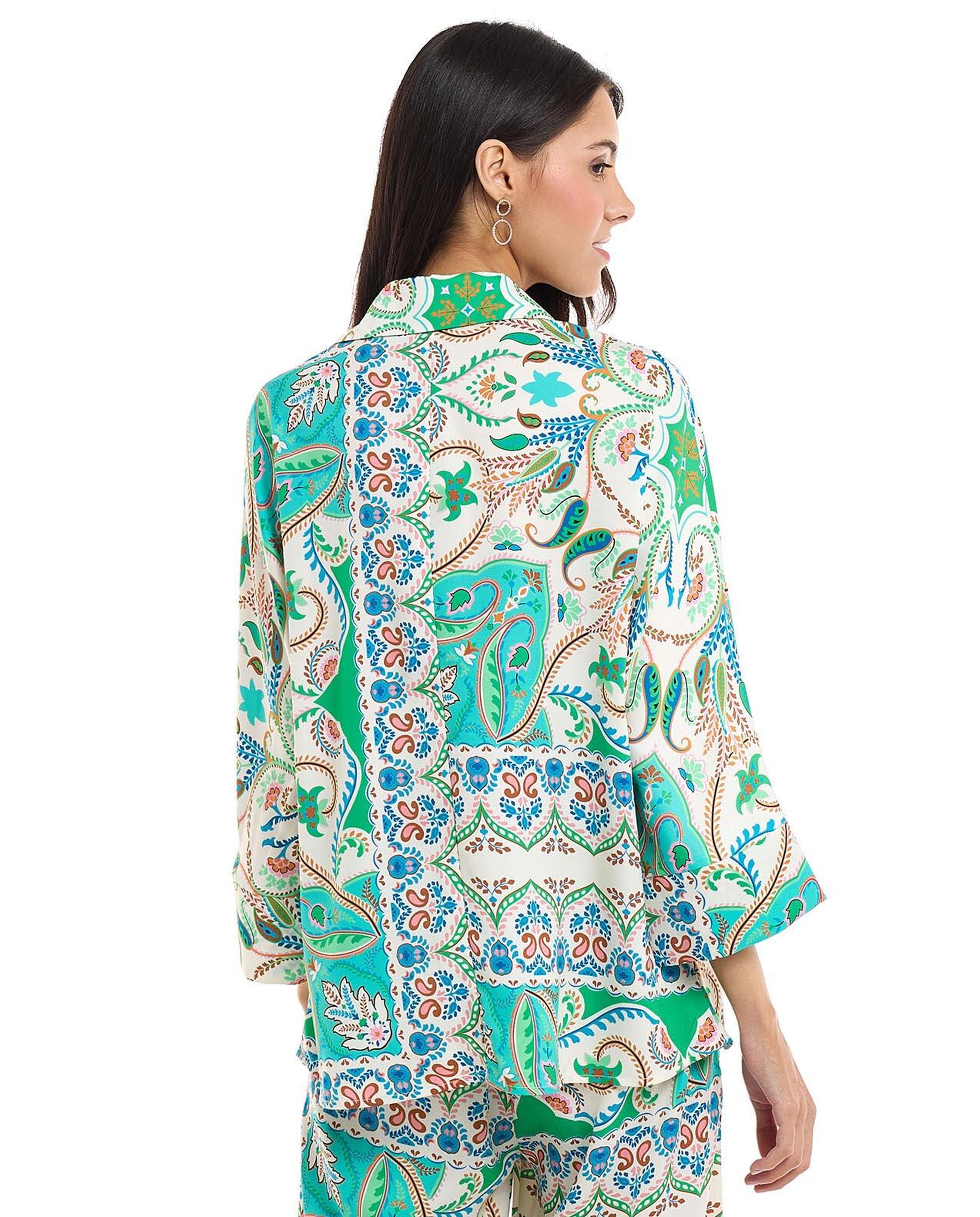 Patterned Shirt with Classic Collar and 3/4 Sleeves