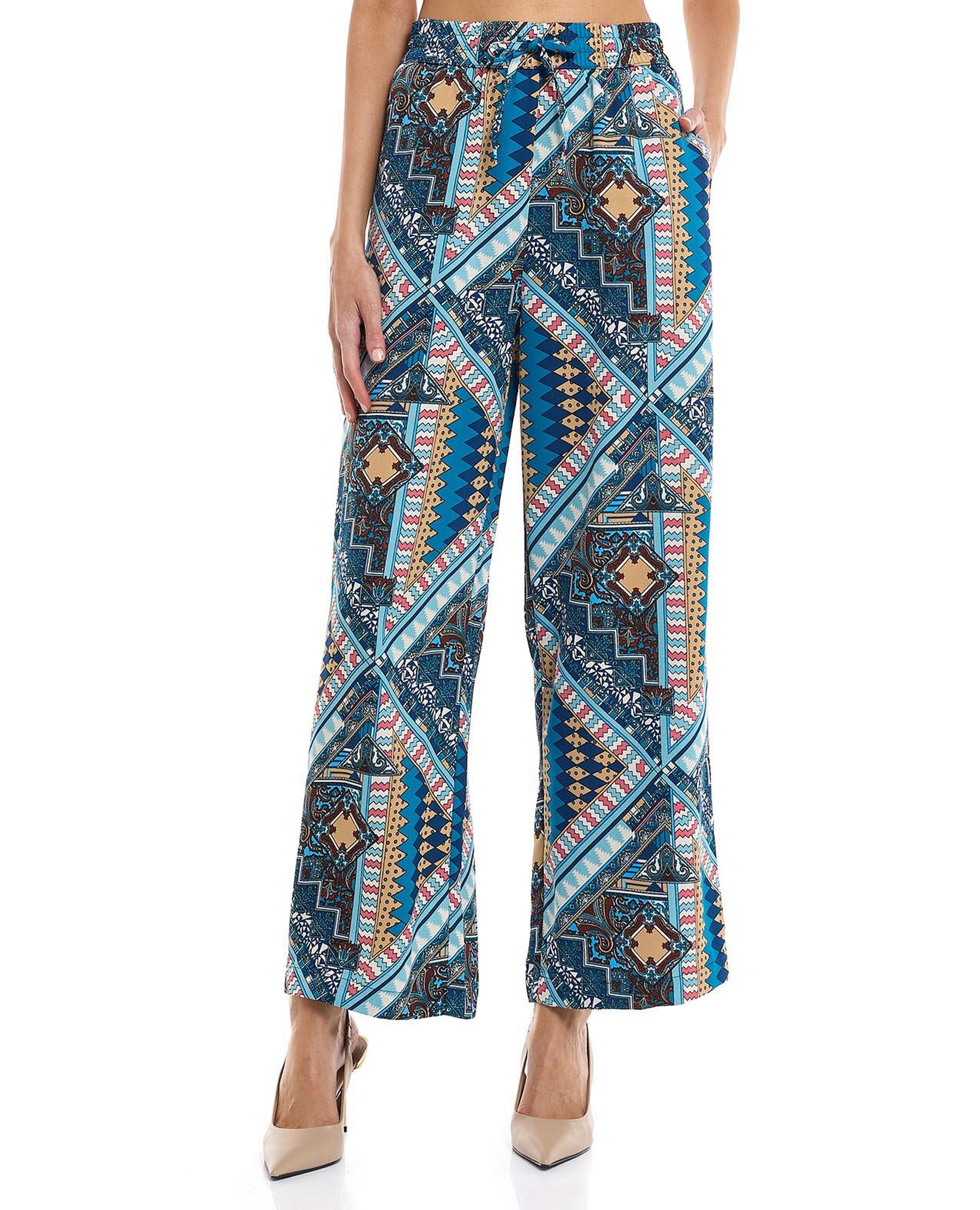 بنطال واسع منقوش برباط على الخصر