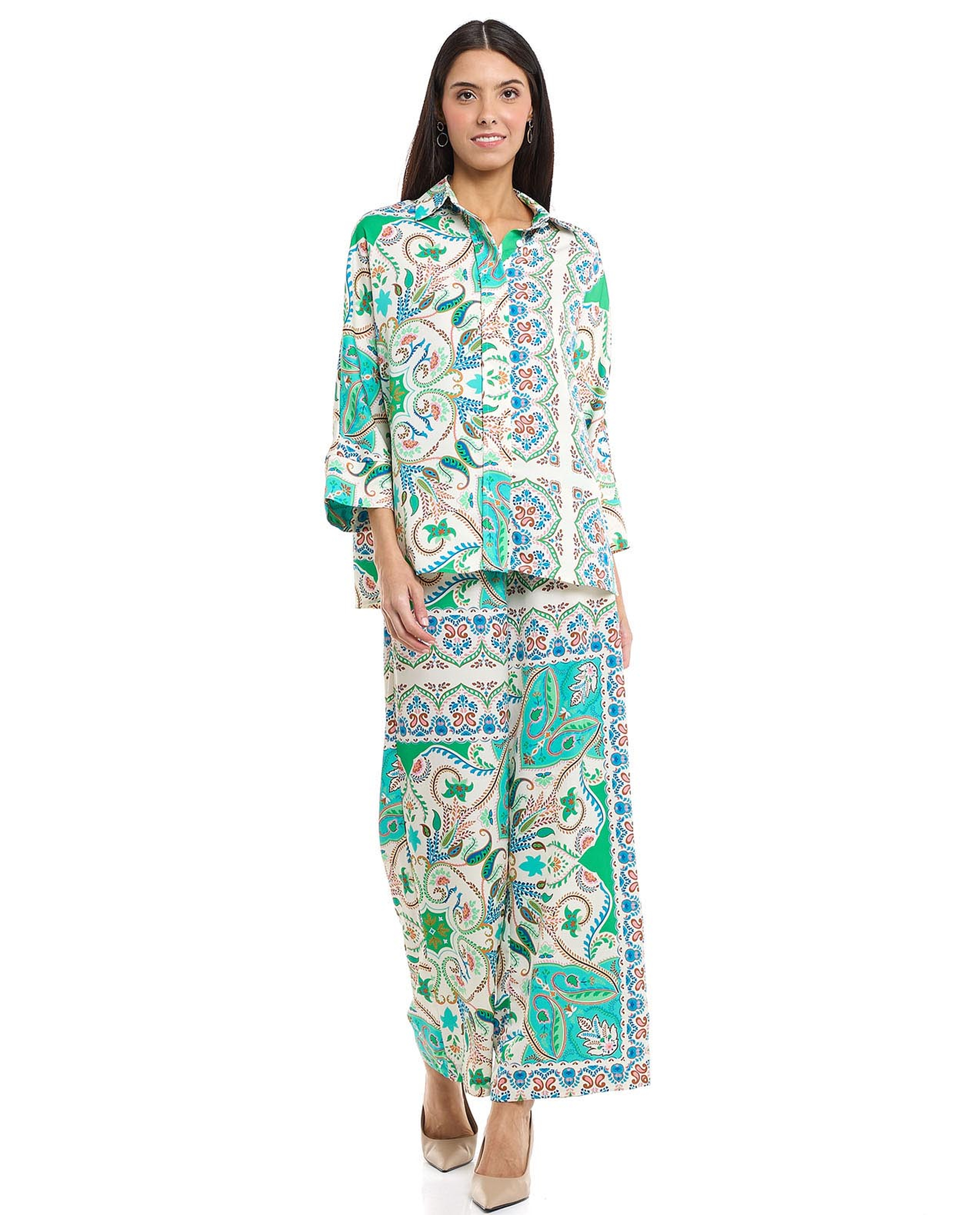 Patterned Wide Leg Pants with Drawstring Waist