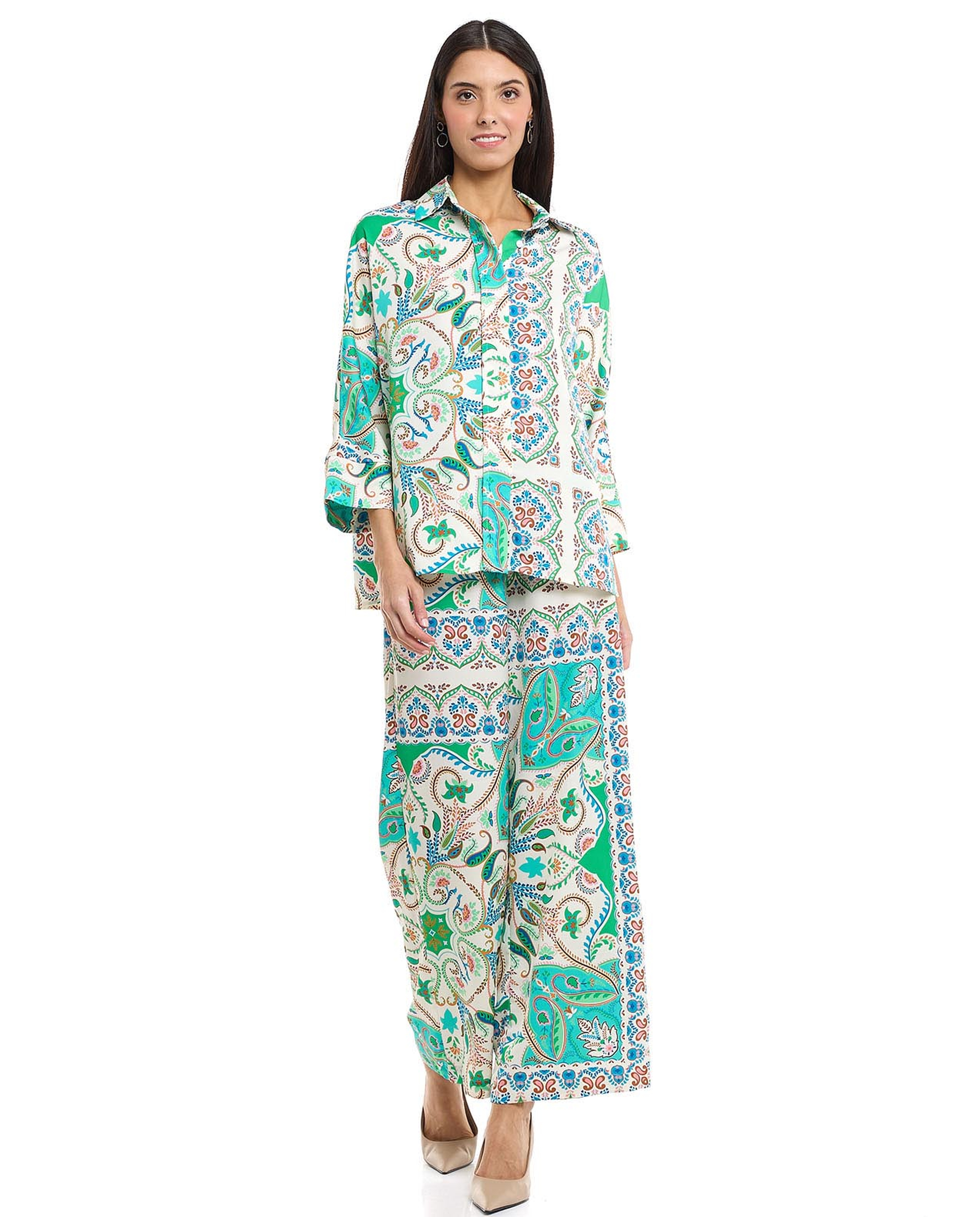 Patterned Wide Leg Pants with Drawstring Waist