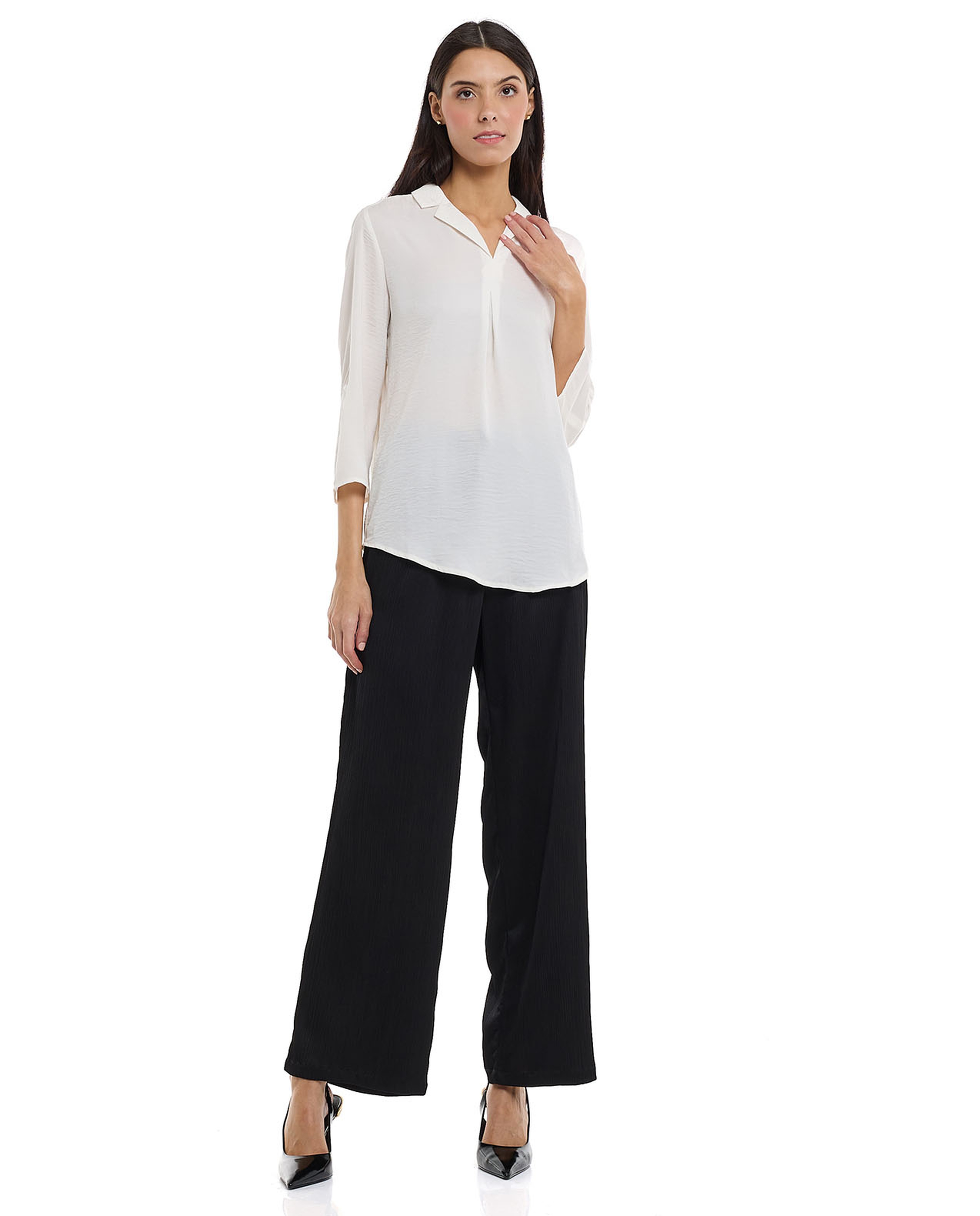 Solid Shirt with Lapel Collar and 3/4 Sleeves