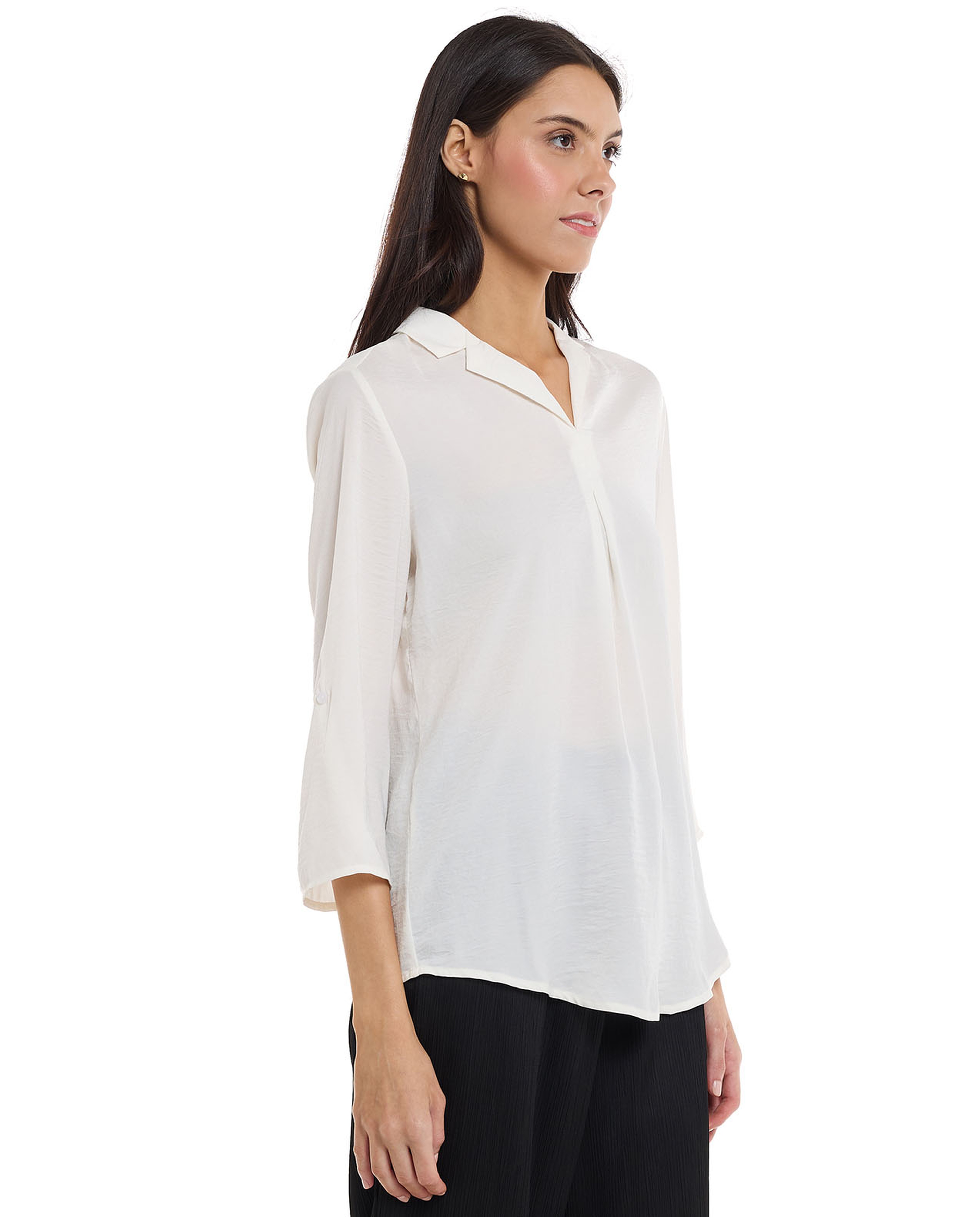 Solid Shirt with Lapel Collar and 3/4 Sleeves