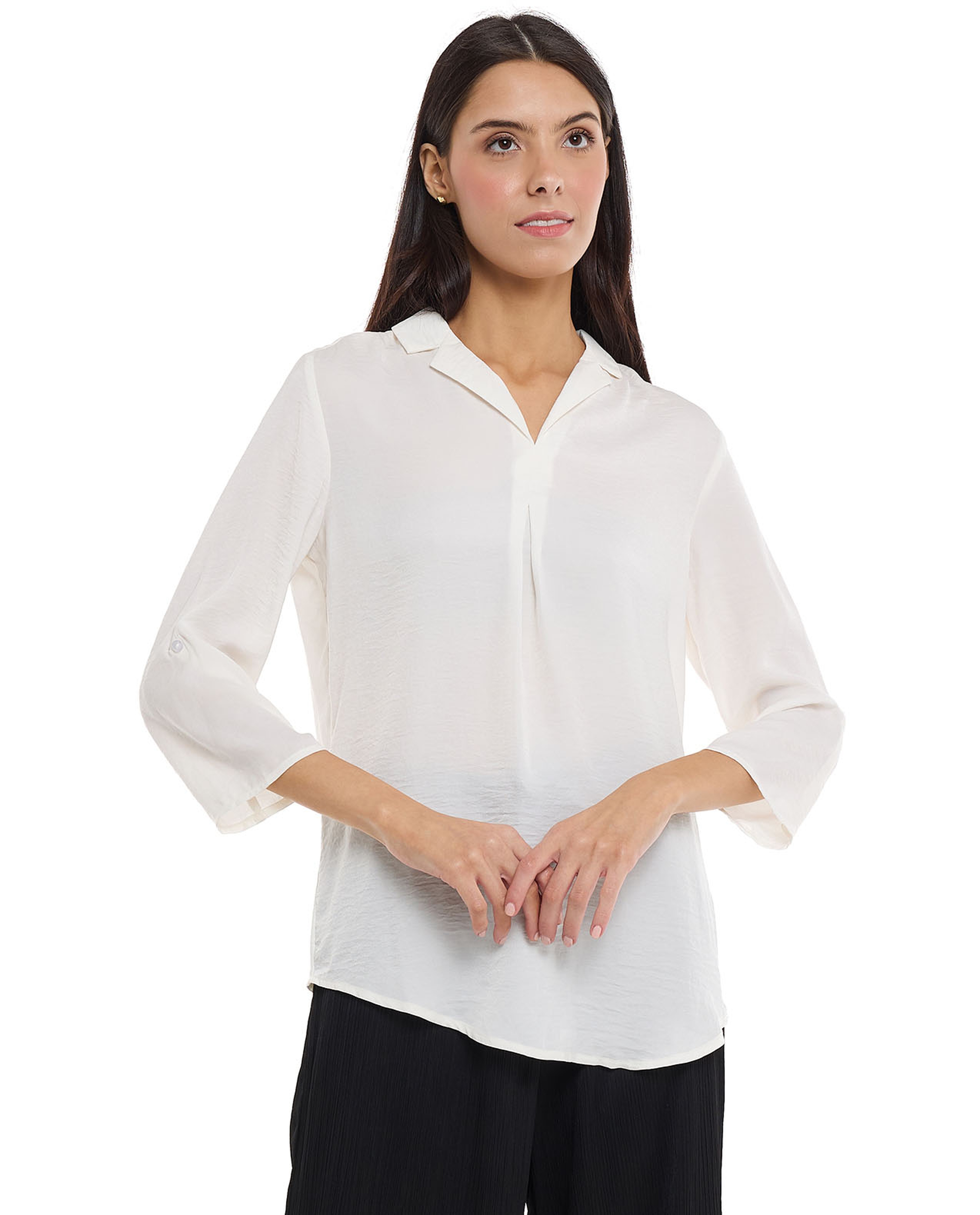 Solid Shirt with Lapel Collar and 3/4 Sleeves