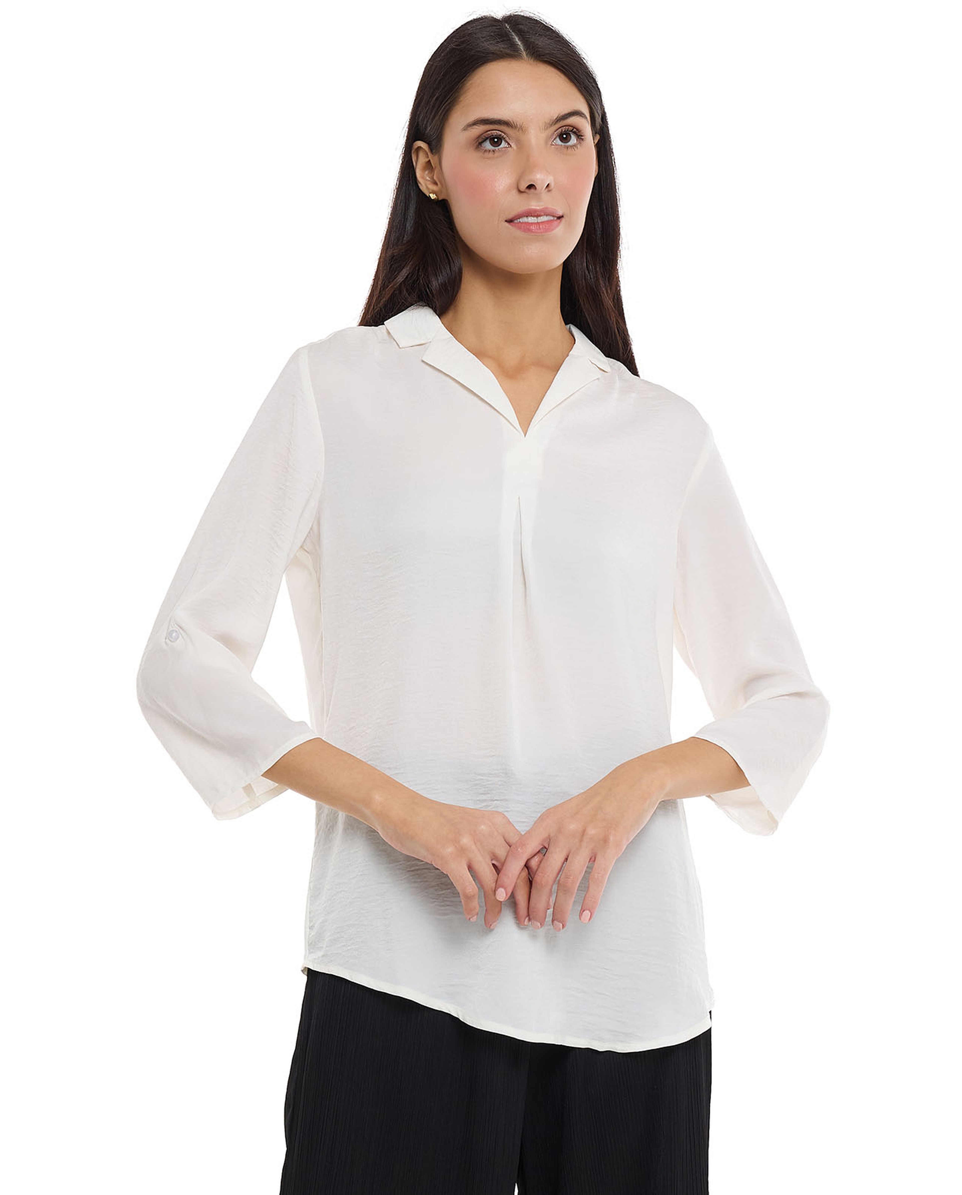 Solid Shirt with Lapel Collar and 3/4 Sleeves