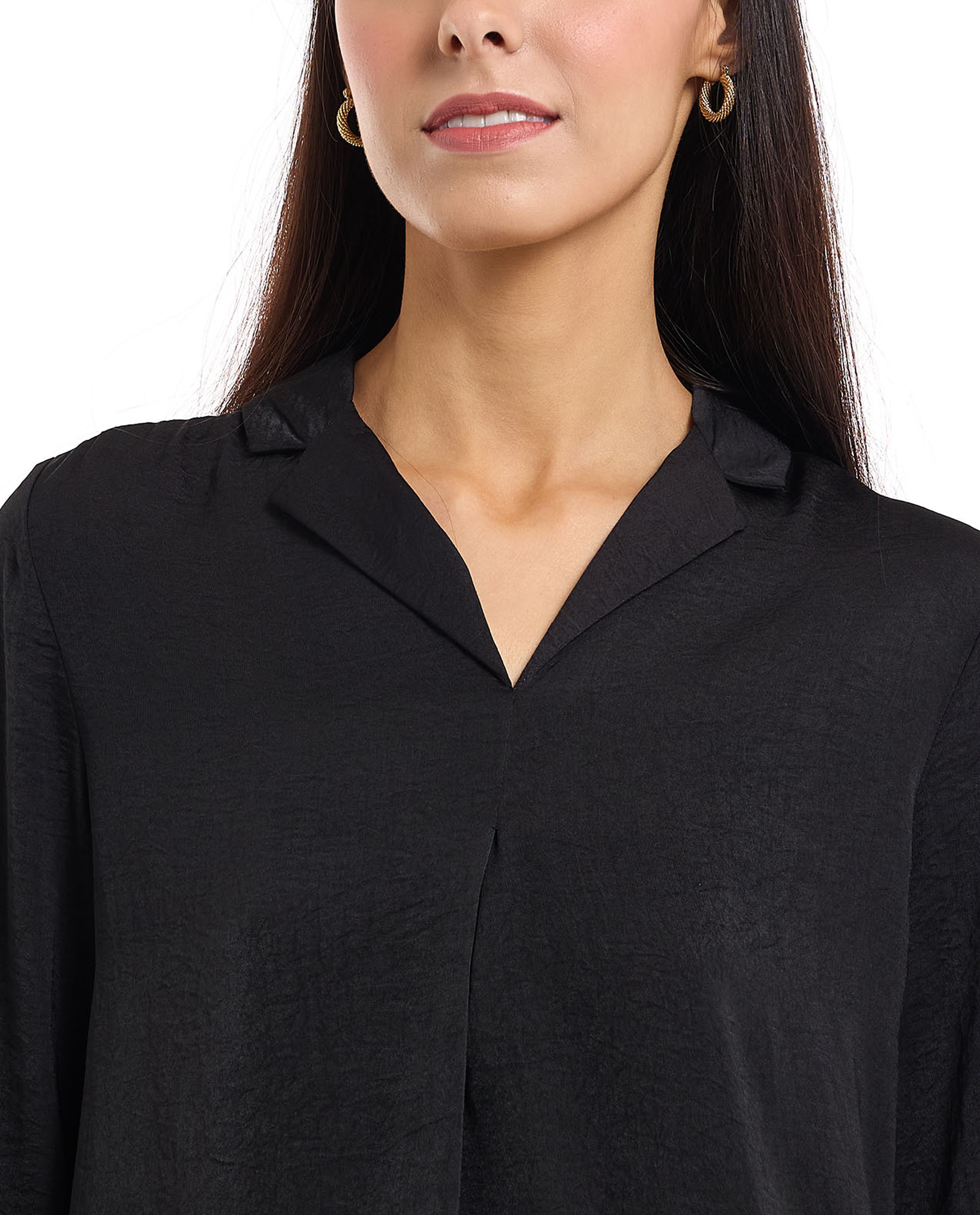 Solid Shirt with Lapel Collar and 3/4 Sleeves