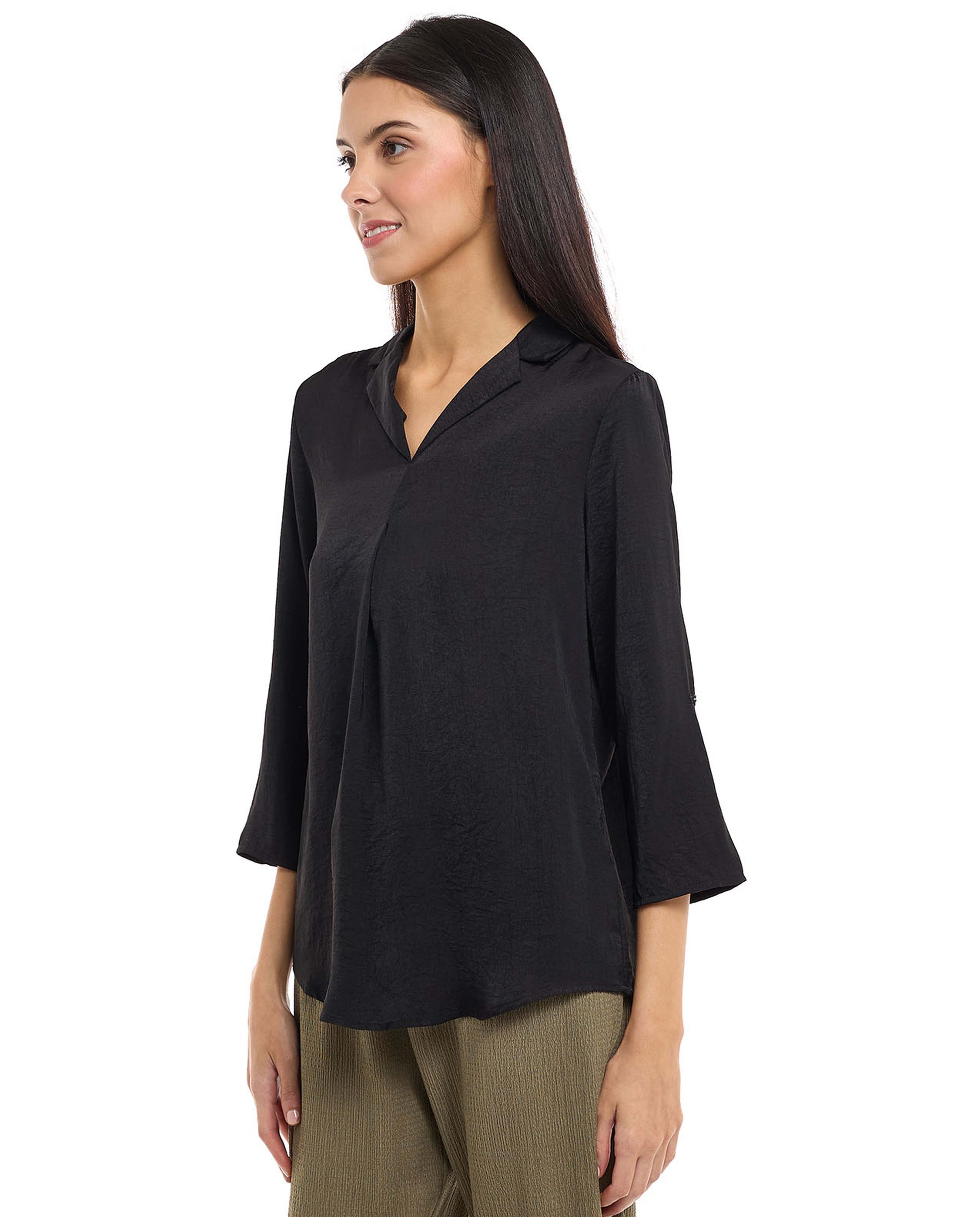 Solid Shirt with Lapel Collar and 3/4 Sleeves