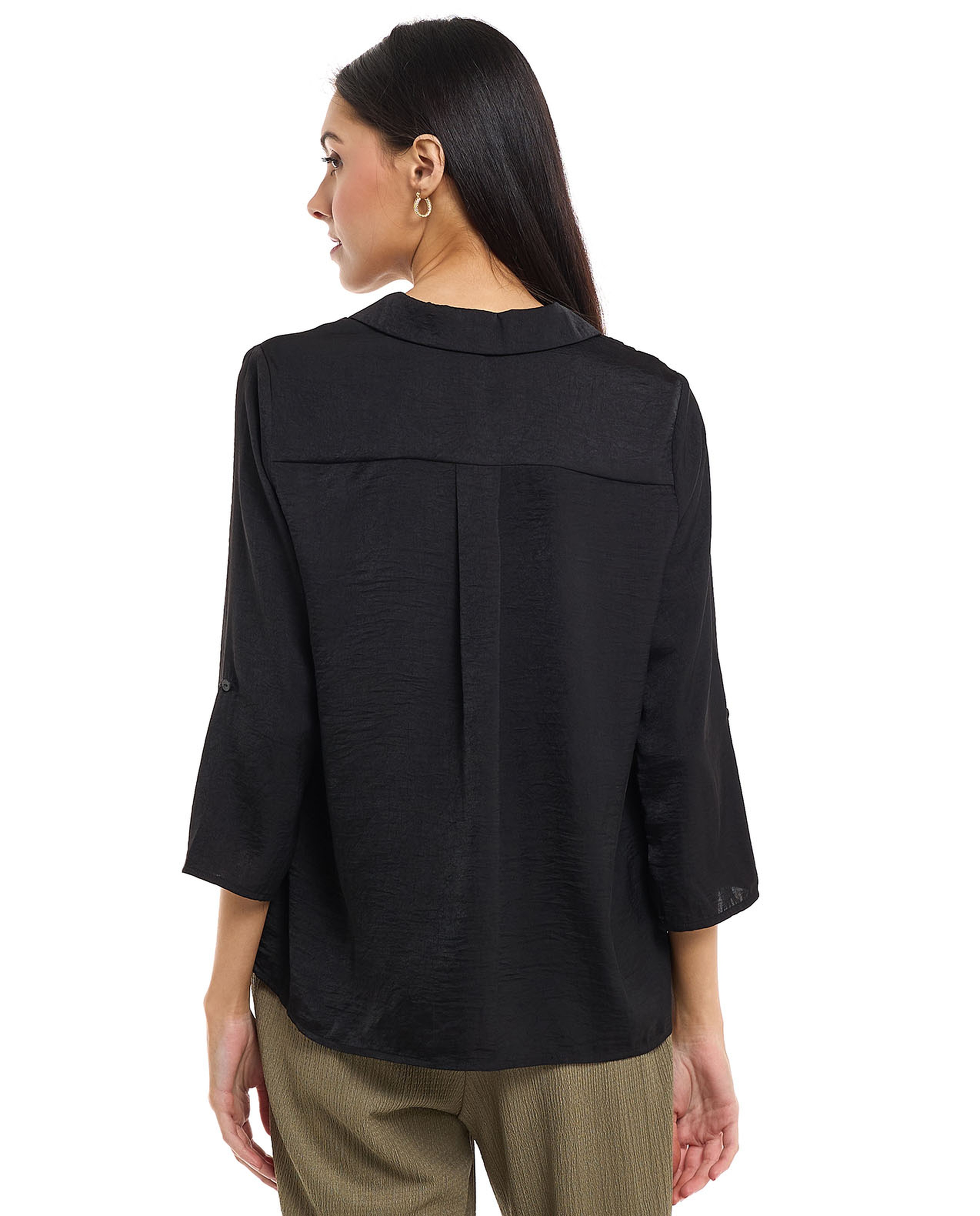 Solid Shirt with Lapel Collar and 3/4 Sleeves