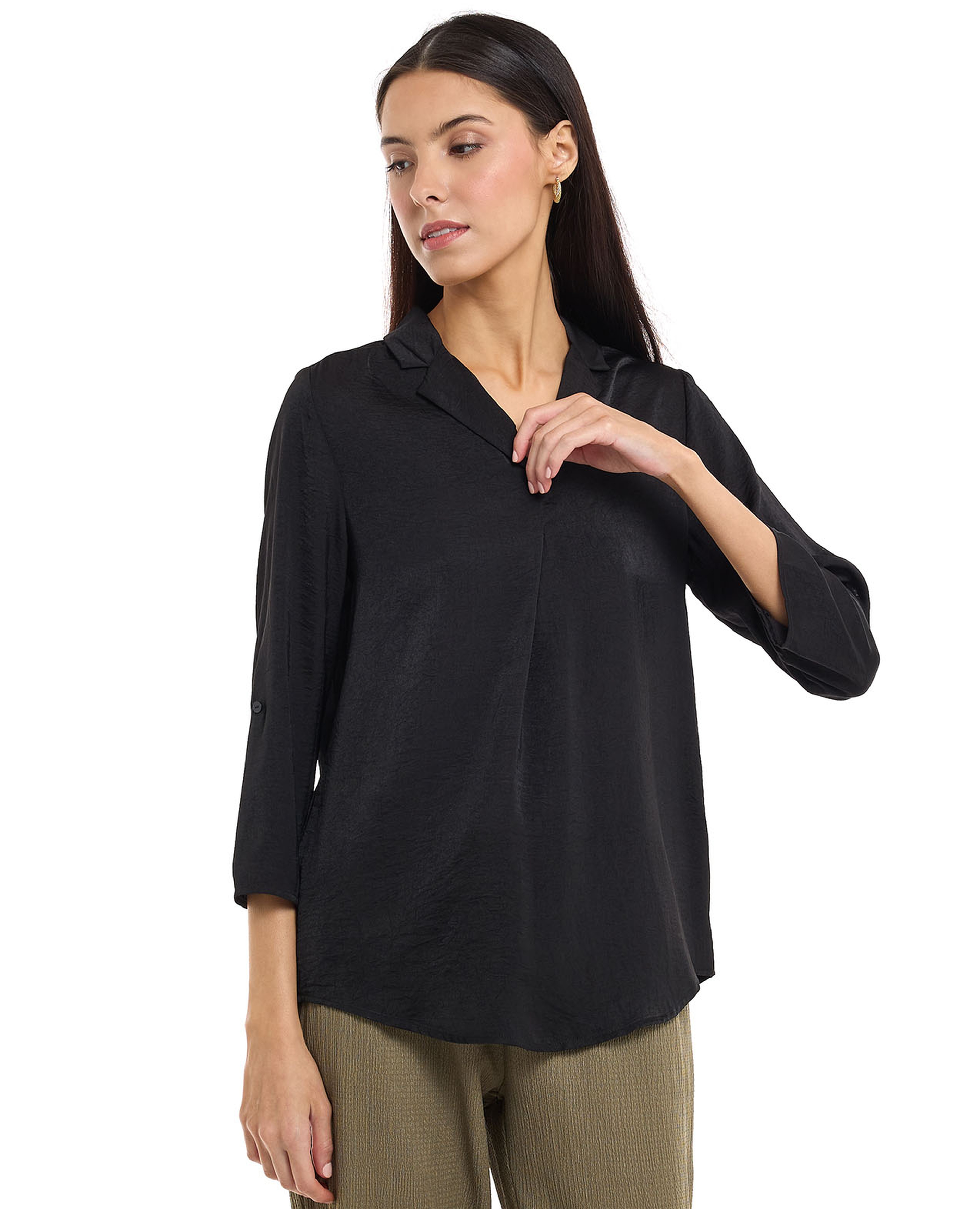 Solid Shirt with Lapel Collar and 3/4 Sleeves