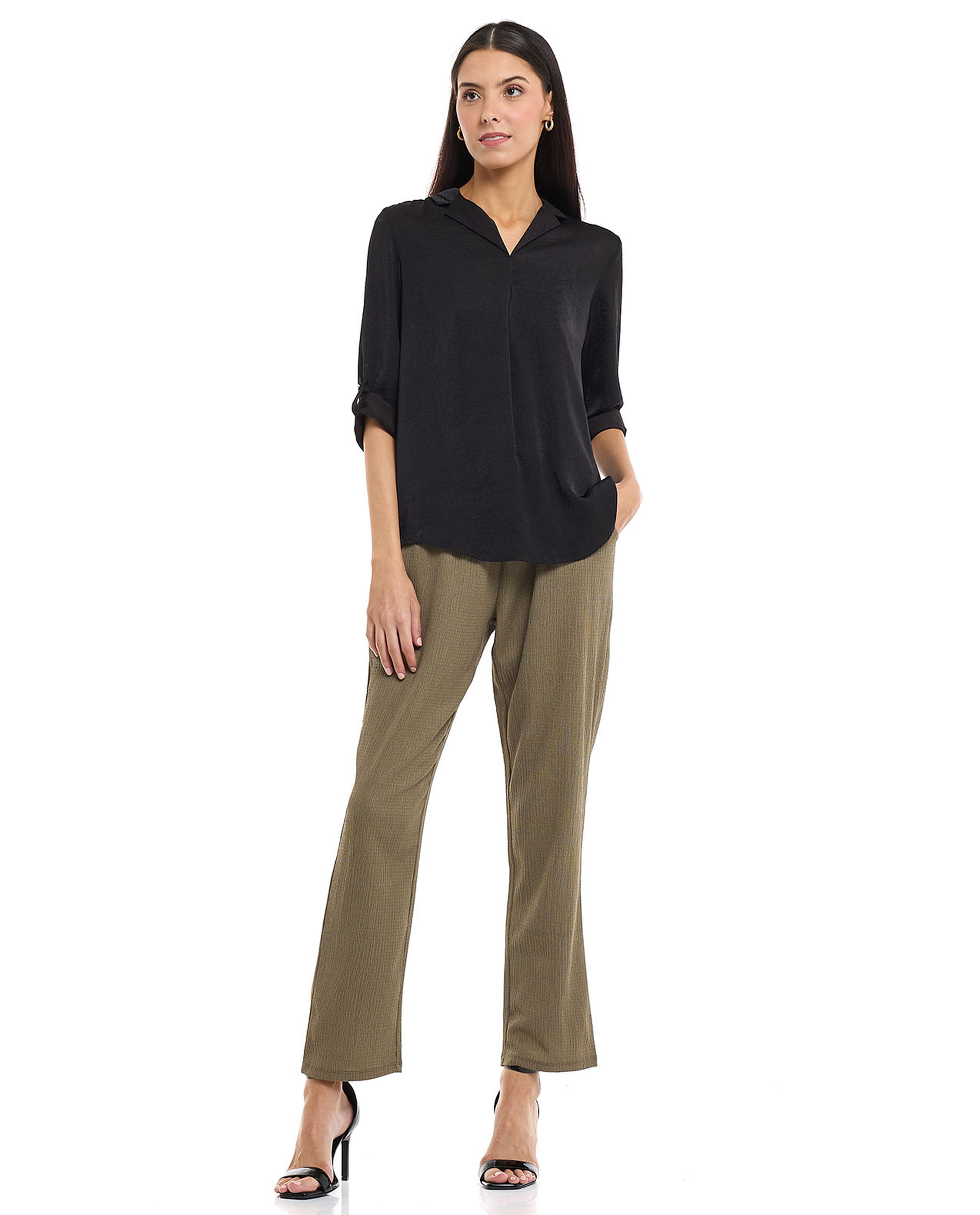 Solid Shirt with Lapel Collar and 3/4 Sleeves