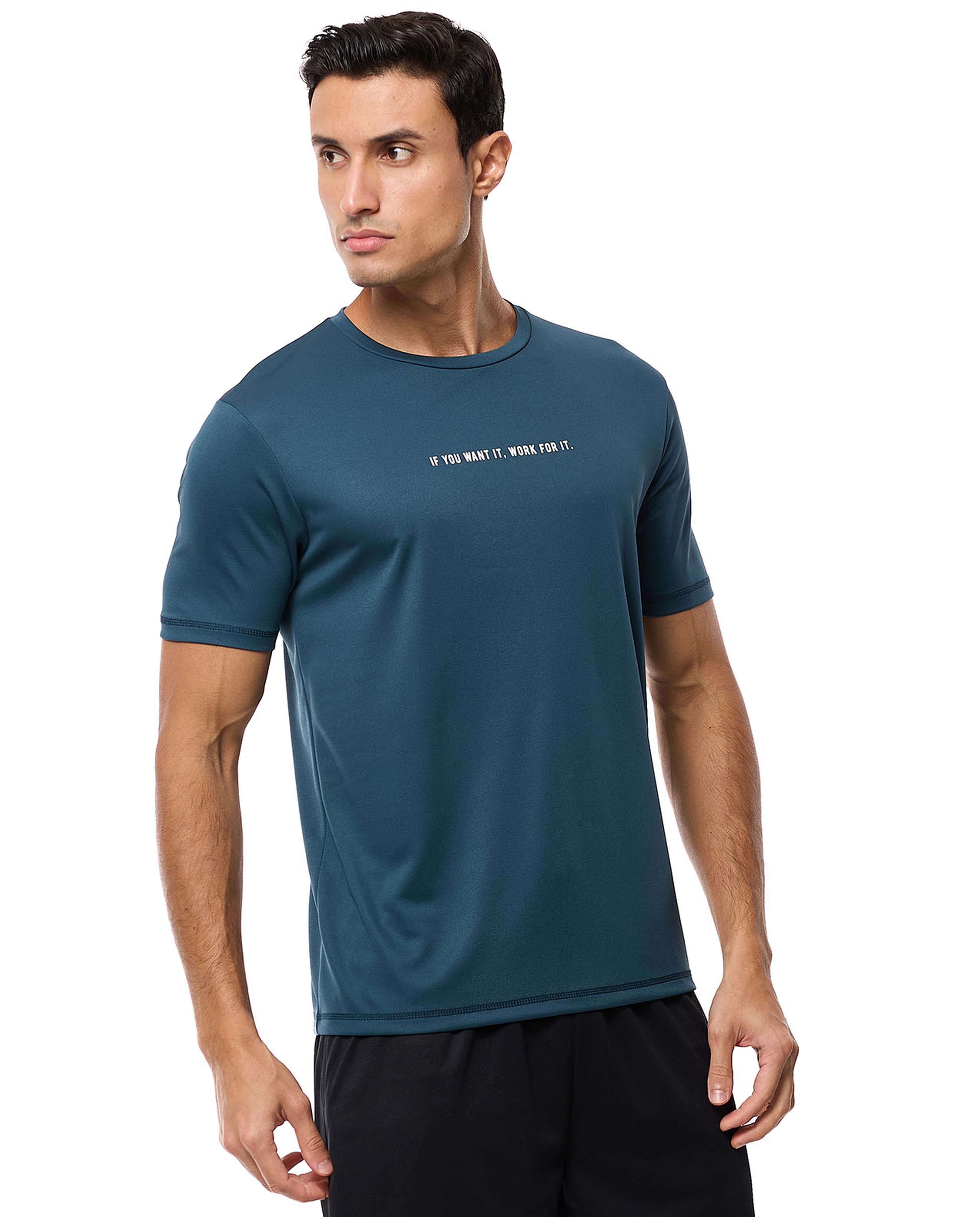 Typography Print Active T-Shirt with Crew Neck and Short Sleeves