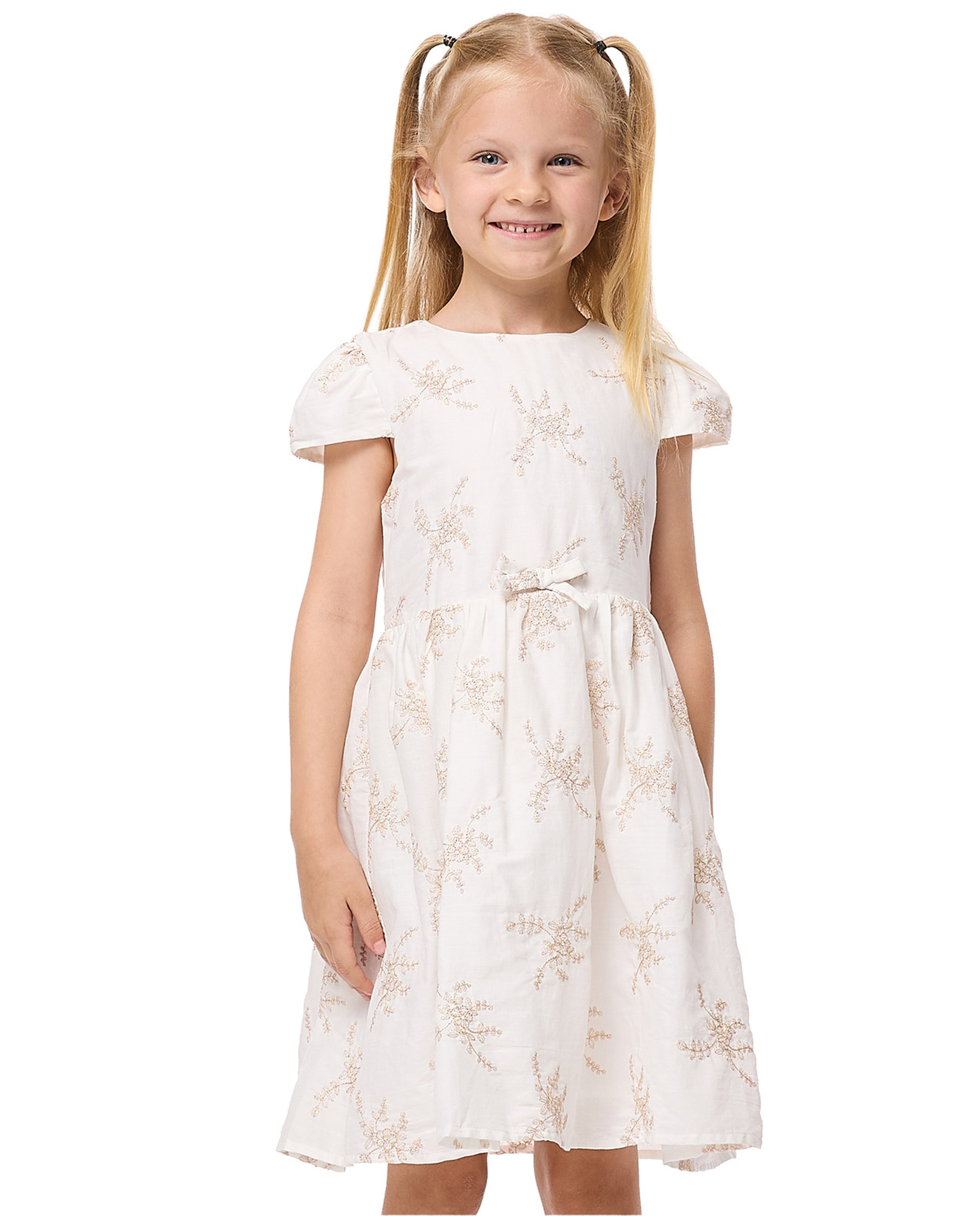 Embroidered Flared Dress with Crew Neck and Short Sleeves