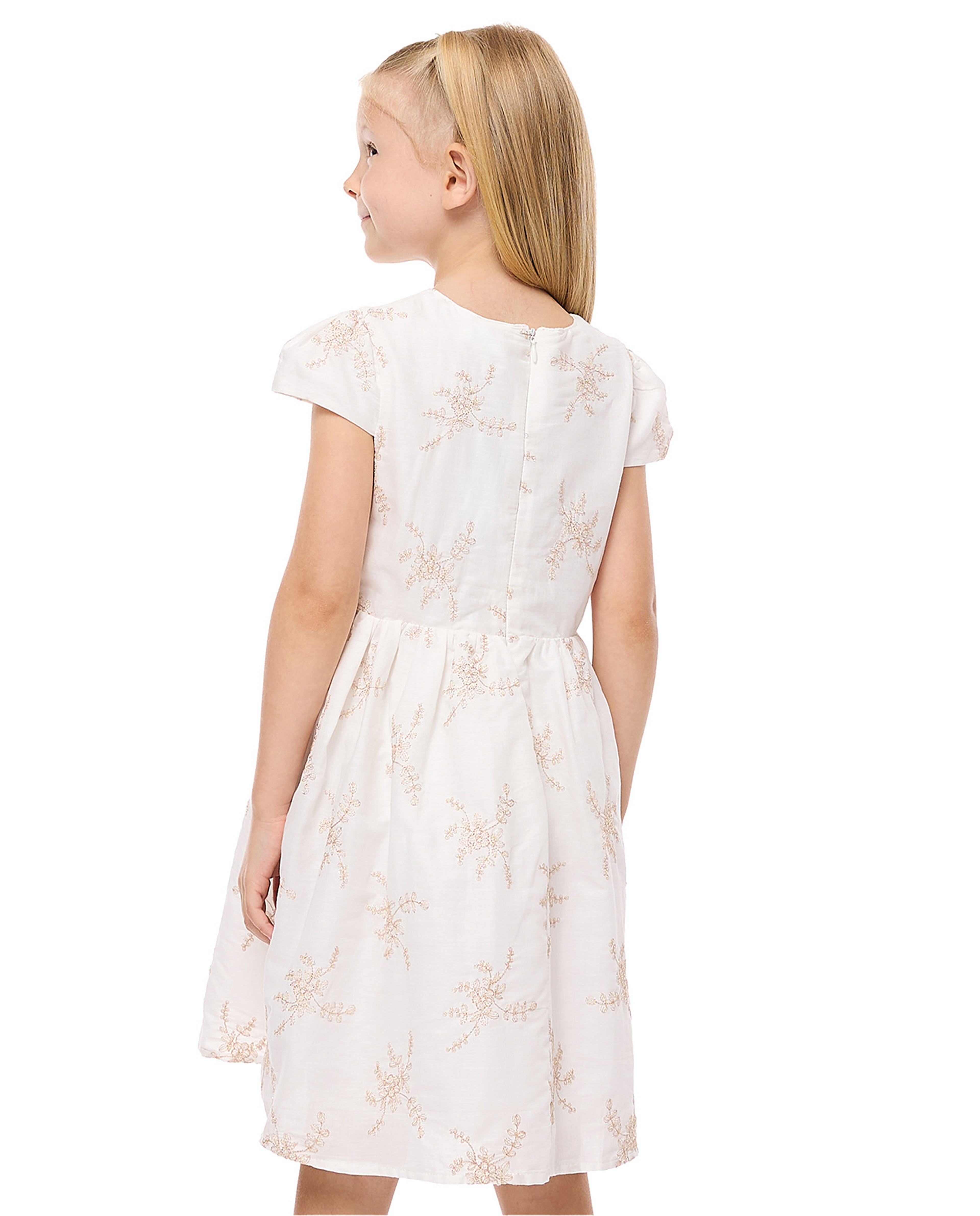 Embroidered Flared Dress with Crew Neck and Short Sleeves