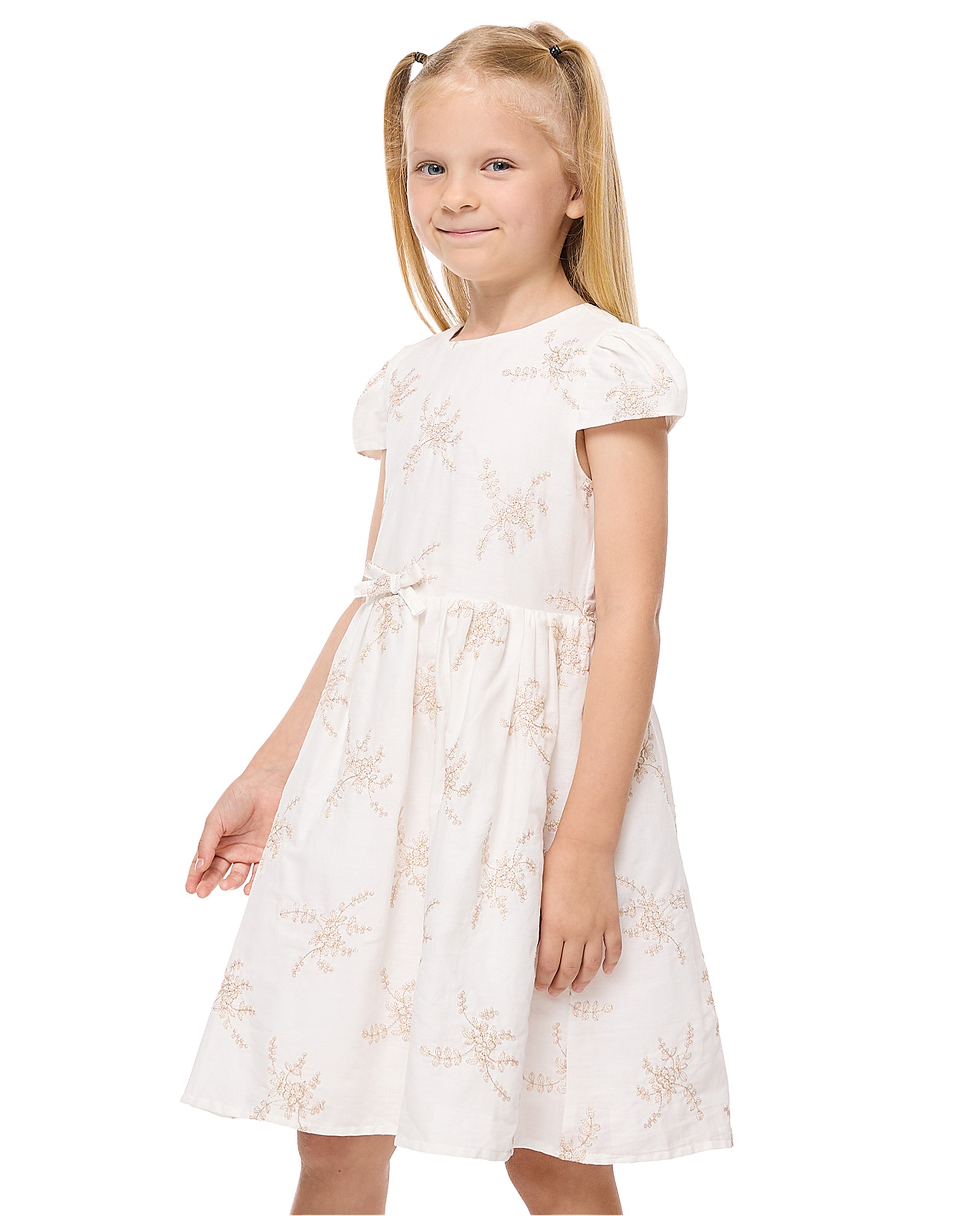 Embroidered Flared Dress with Crew Neck and Short Sleeves