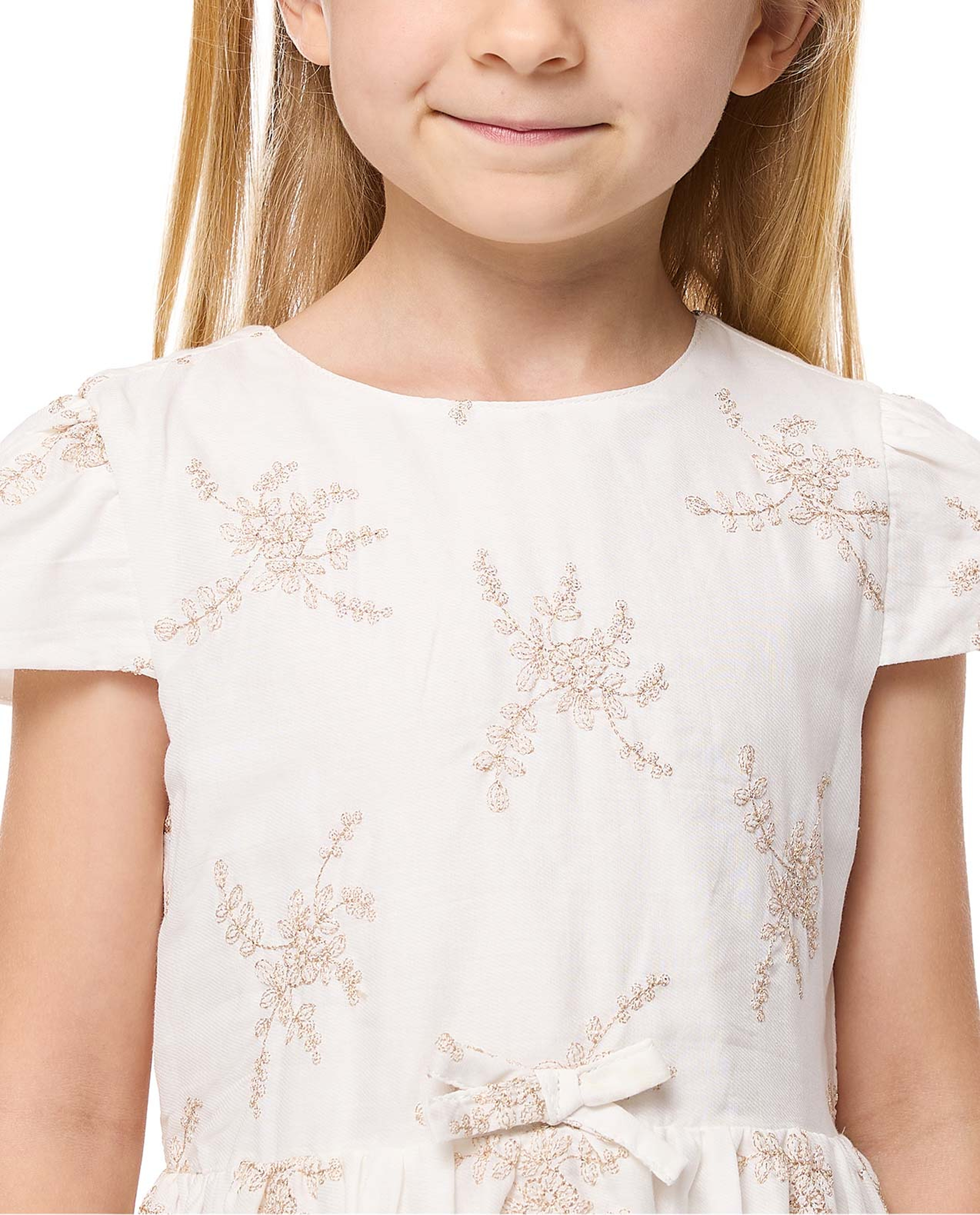 Embroidered Flared Dress with Crew Neck and Short Sleeves