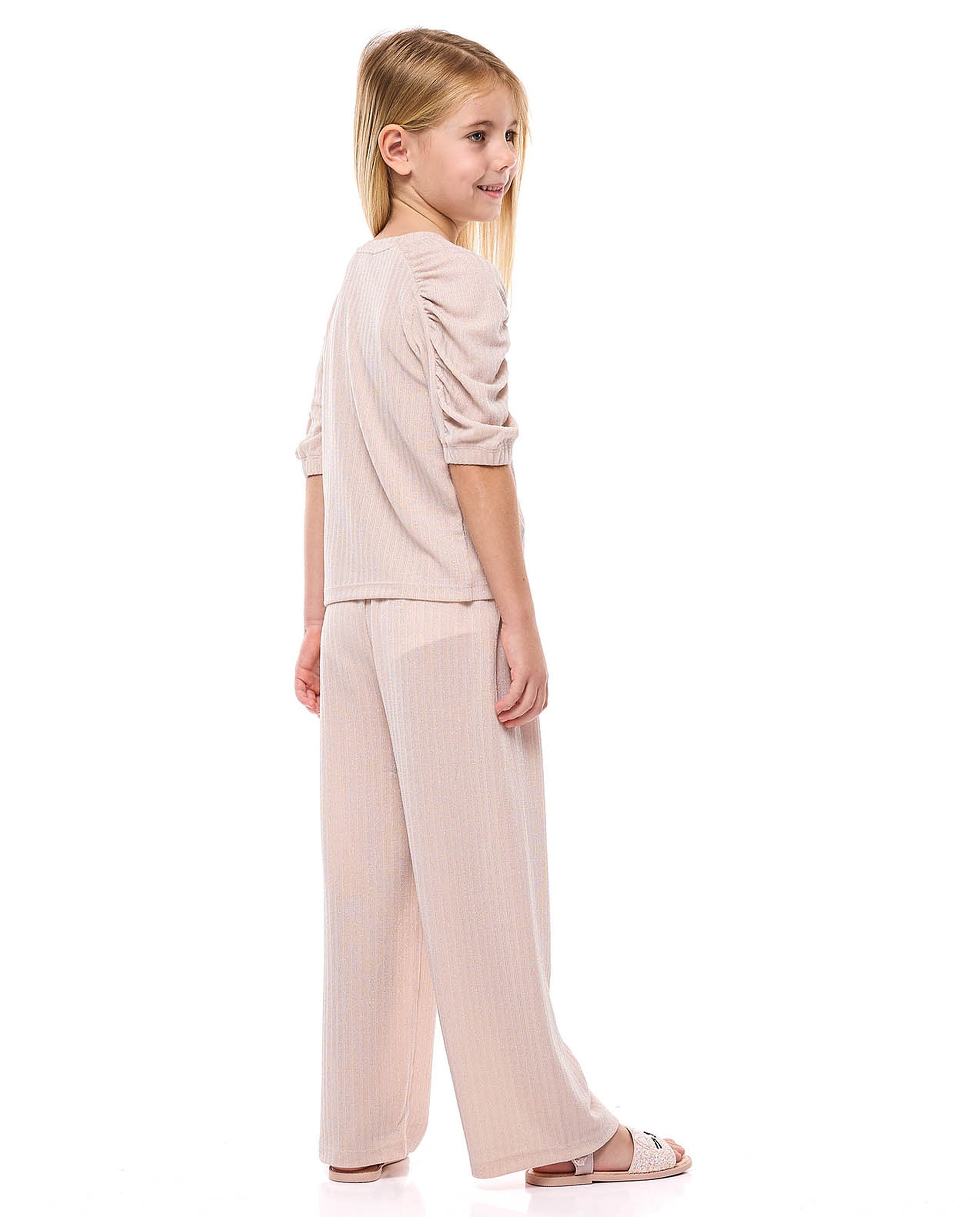 Textured Clothing Set with Crew Neck and Ruched Sleeves