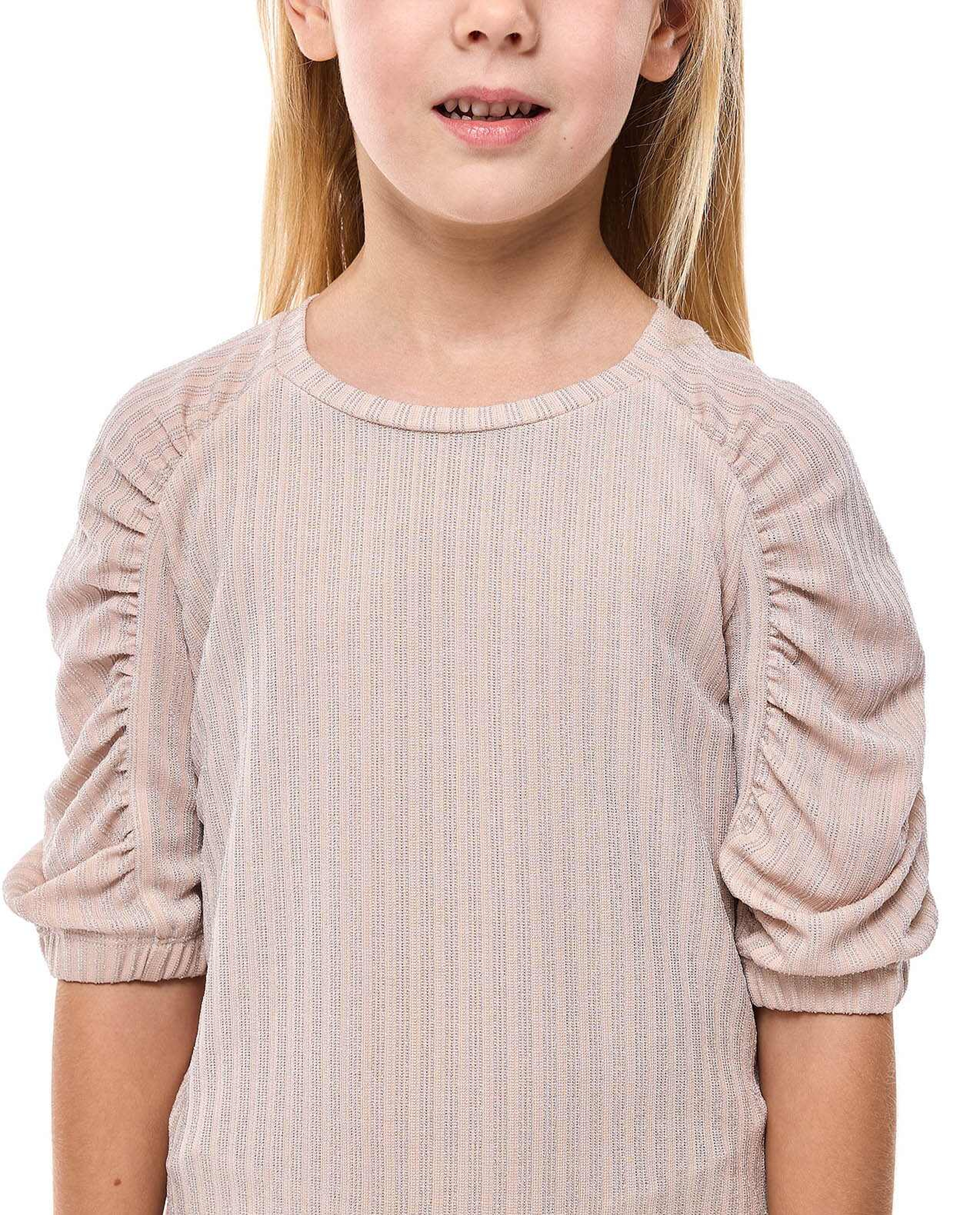 Textured Clothing Set with Crew Neck and Ruched Sleeves