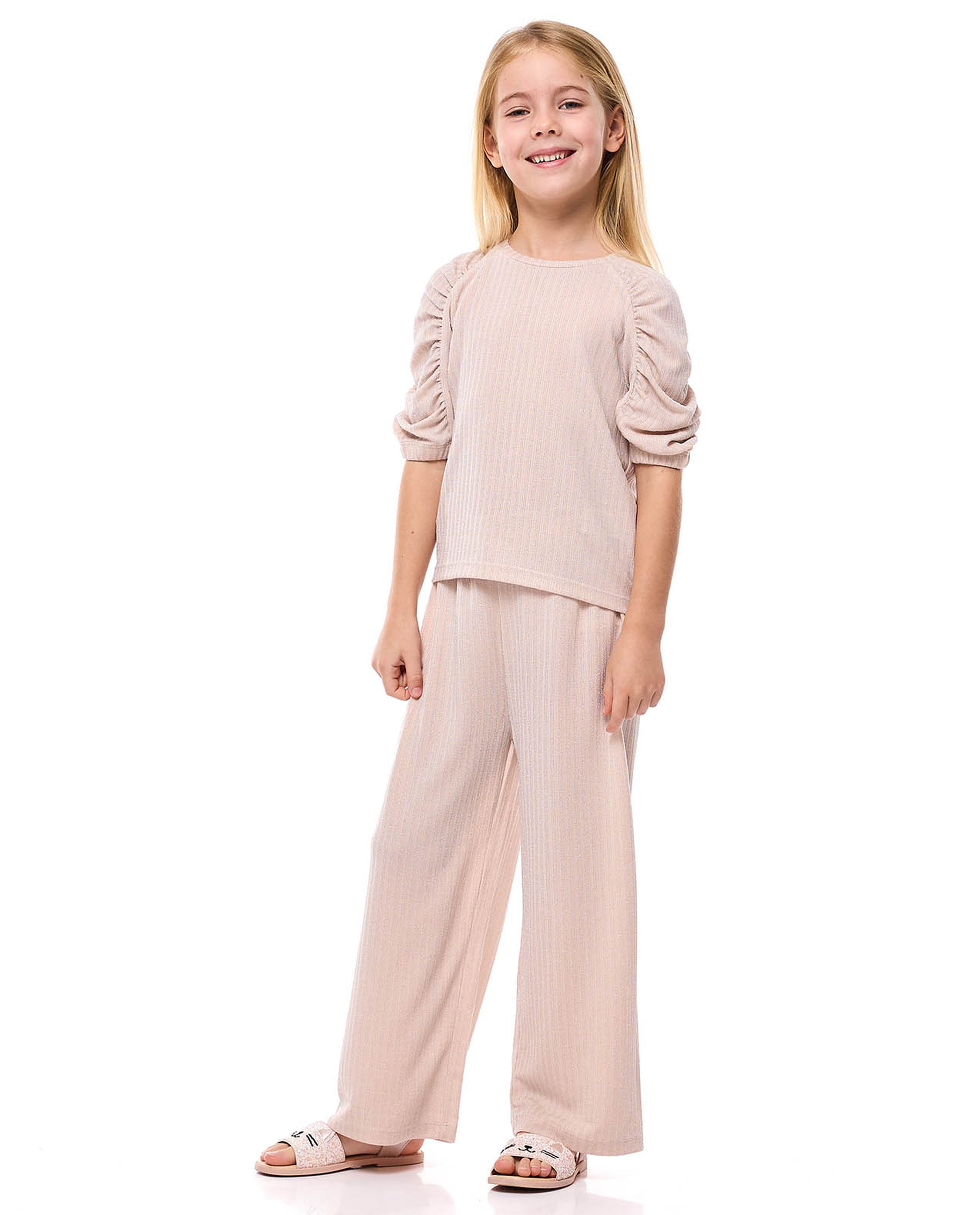 Textured Clothing Set with Crew Neck and Ruched Sleeves