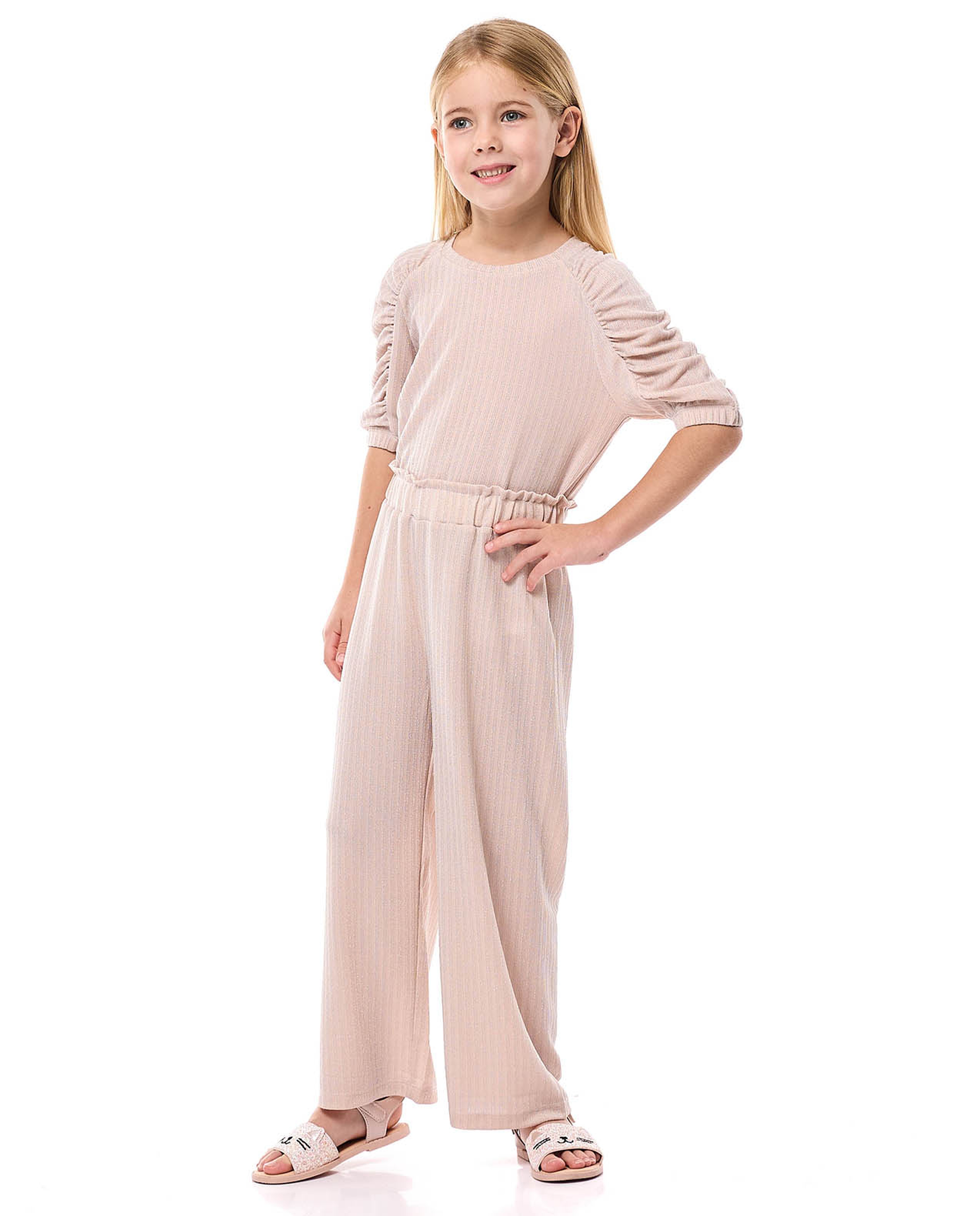 Textured Clothing Set with Crew Neck and Ruched Sleeves