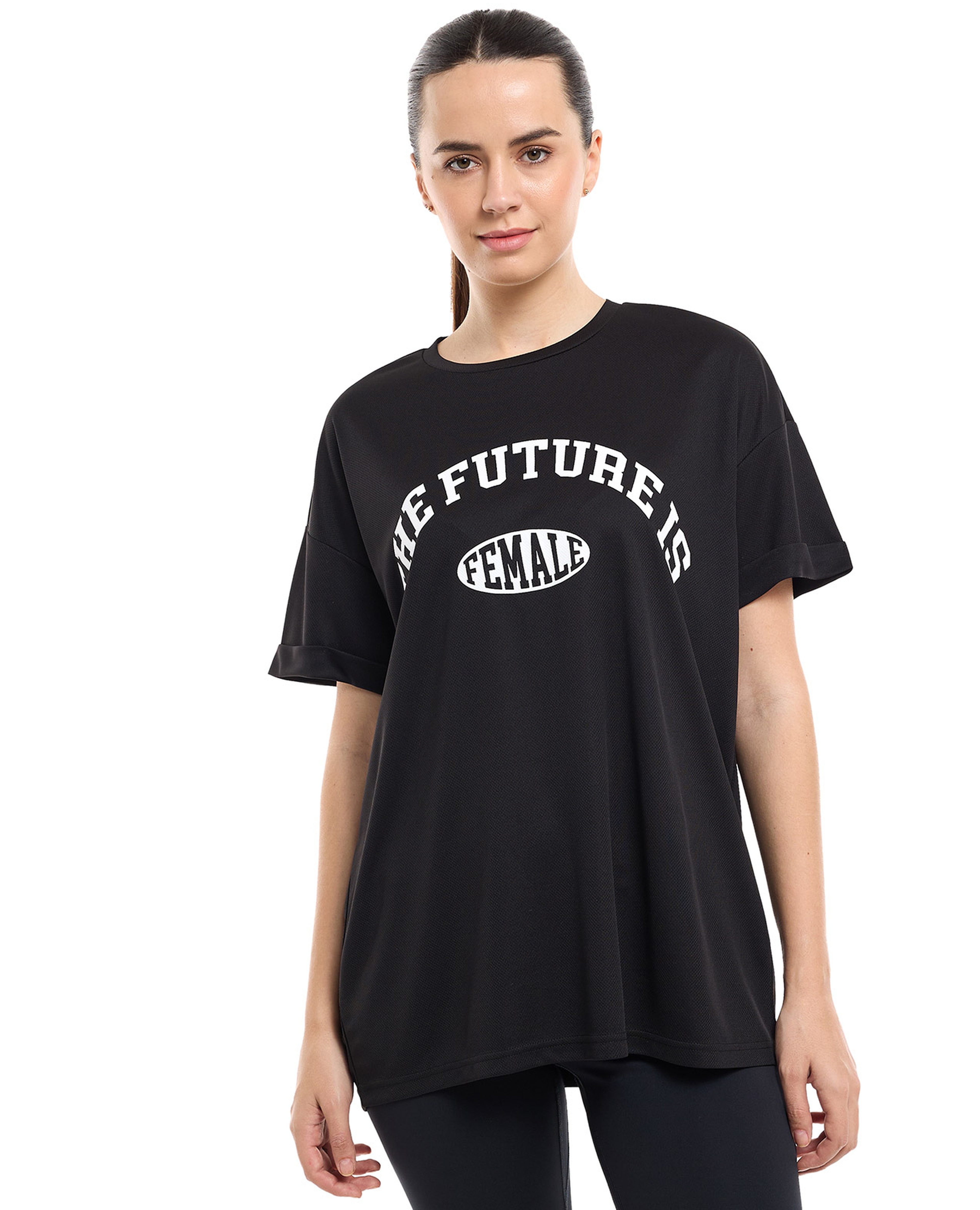 Typography Print Active T-Shirt with Crew Neck and Short Sleeves