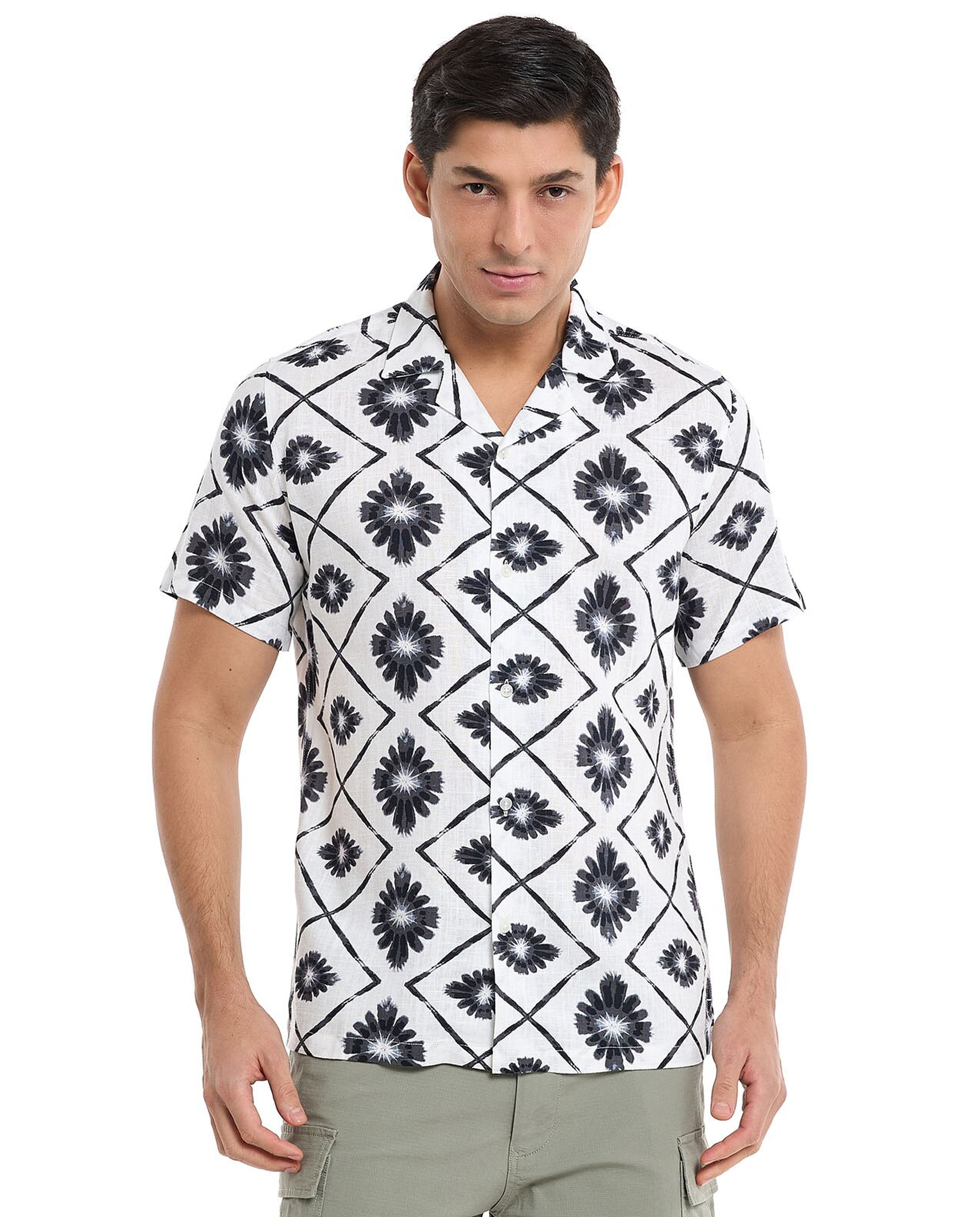 Printed Shirt with Revere Collar and Short Sleeves