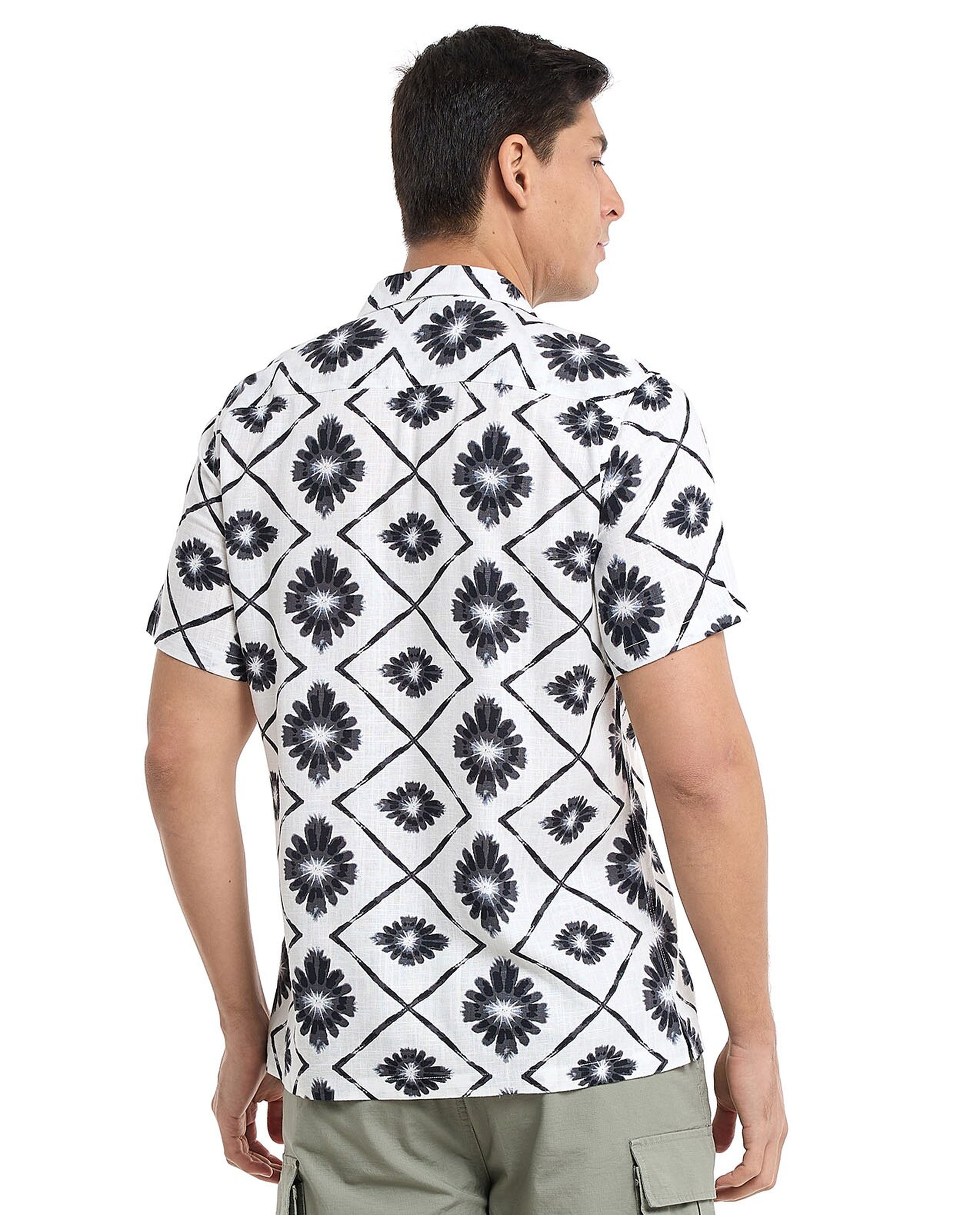 Printed Shirt with Revere Collar and Short Sleeves