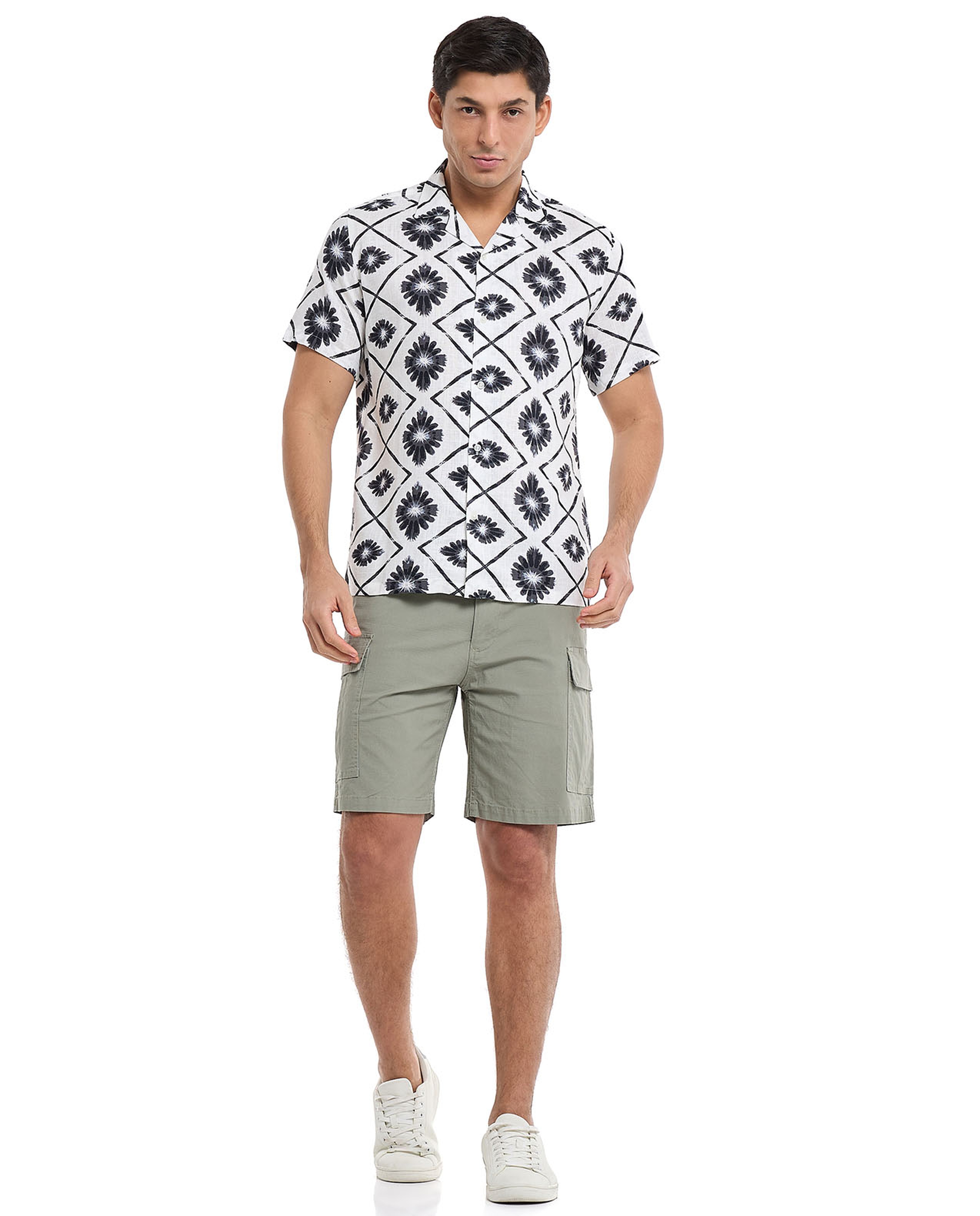 Printed Shirt with Revere Collar and Short Sleeves