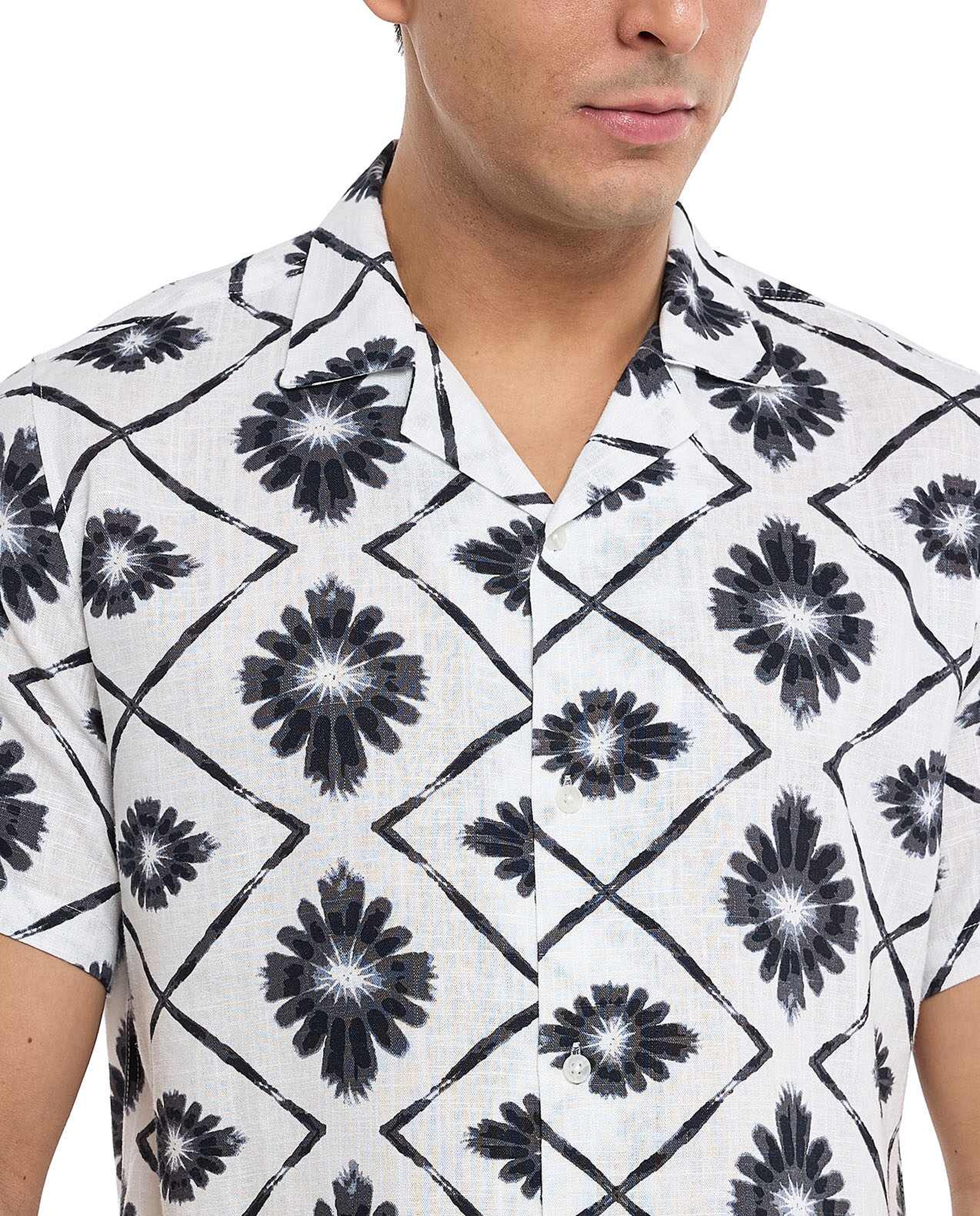Printed Shirt with Revere Collar and Short Sleeves