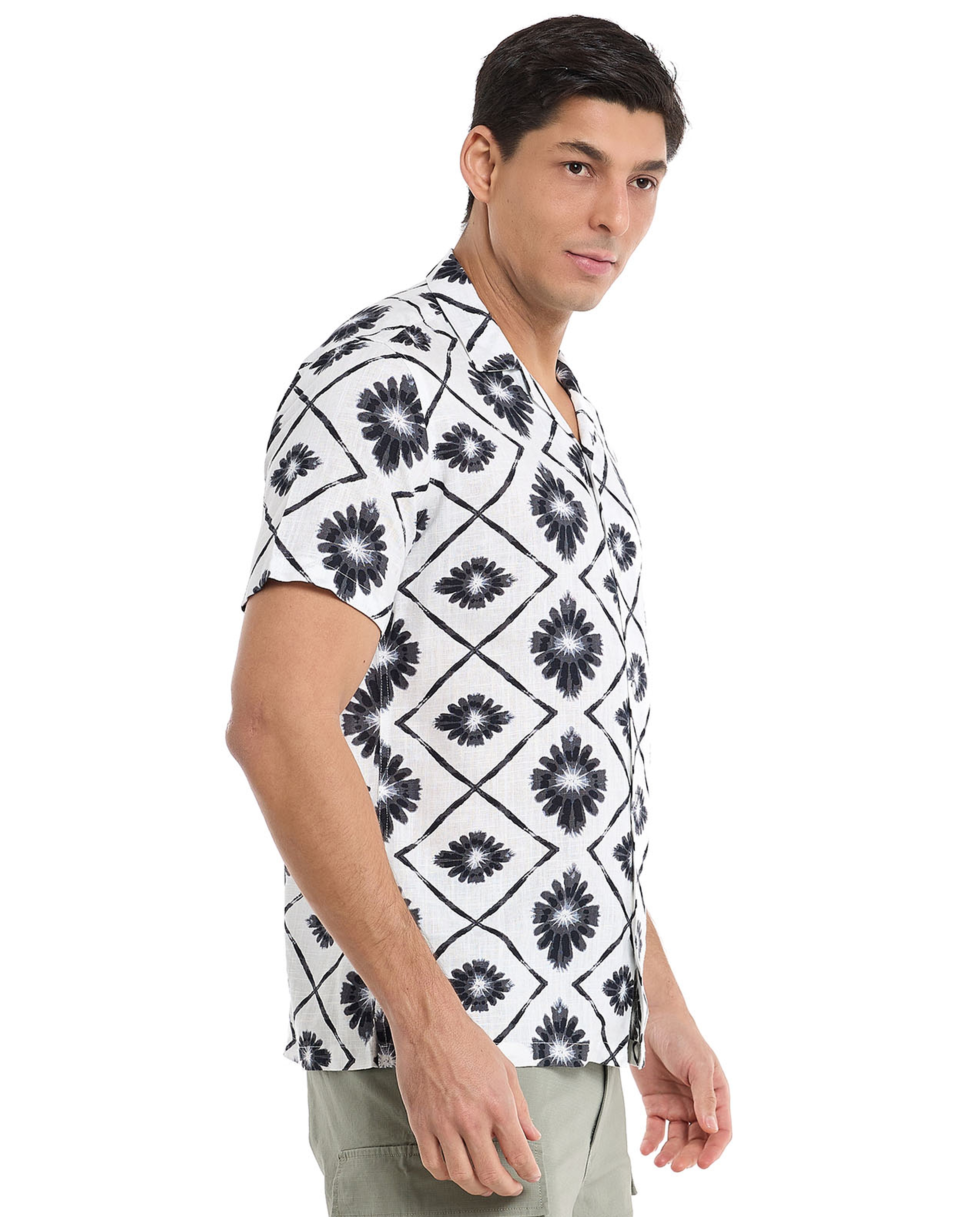 Printed Shirt with Revere Collar and Short Sleeves