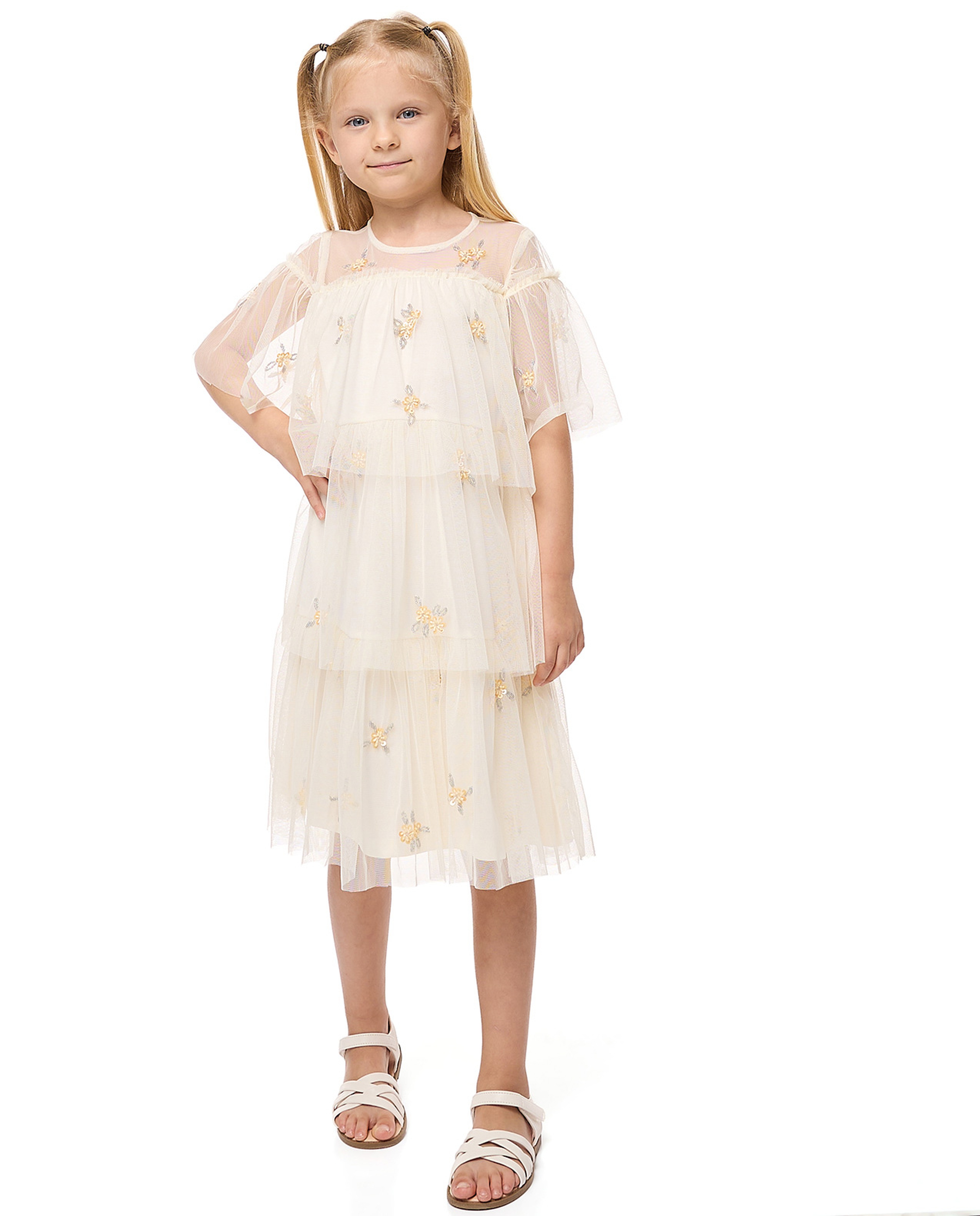 Sequined Layered Dress with Crew Neck and Short Sleeves