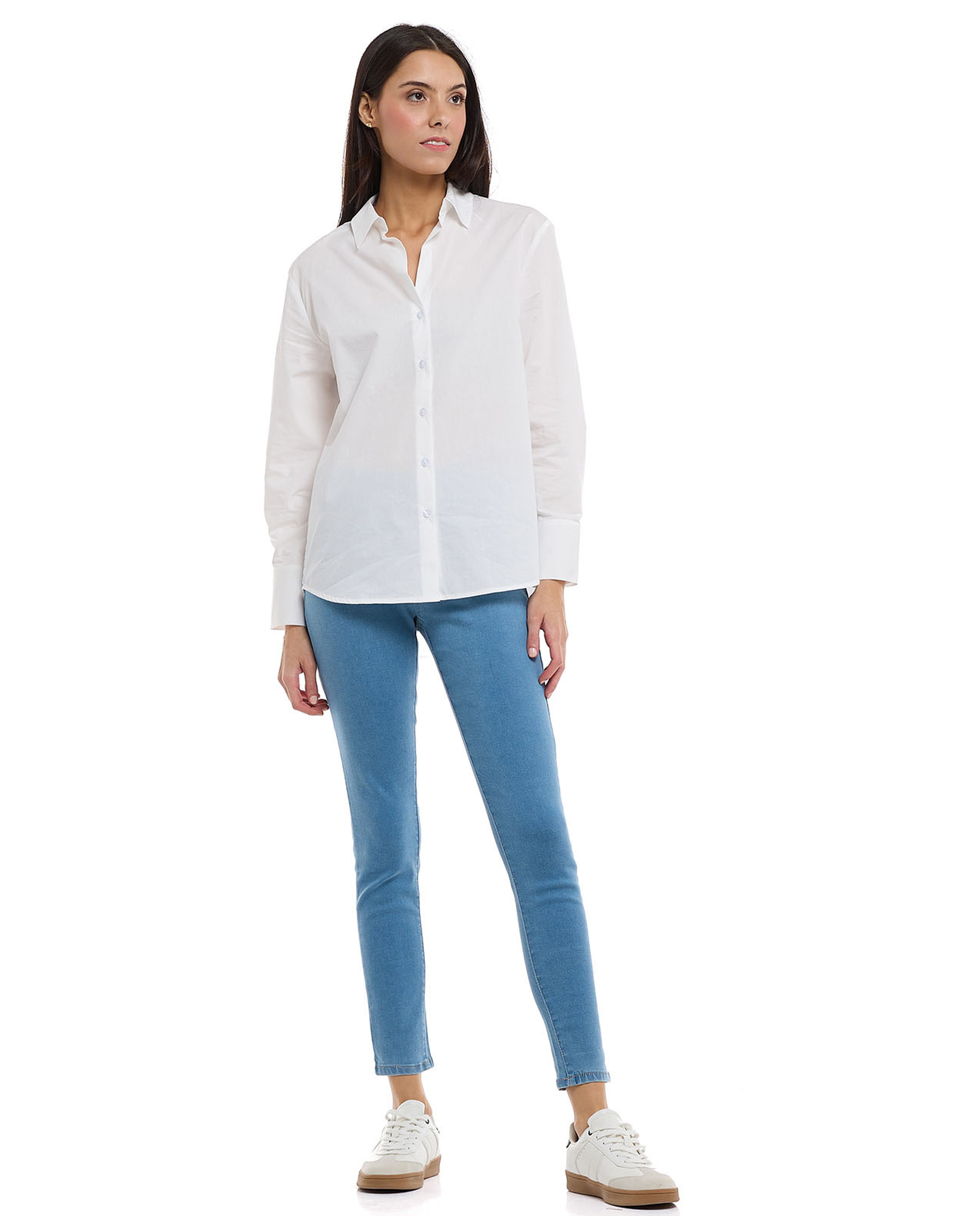 Solid Shirt with Spread Collar and Long Sleeves