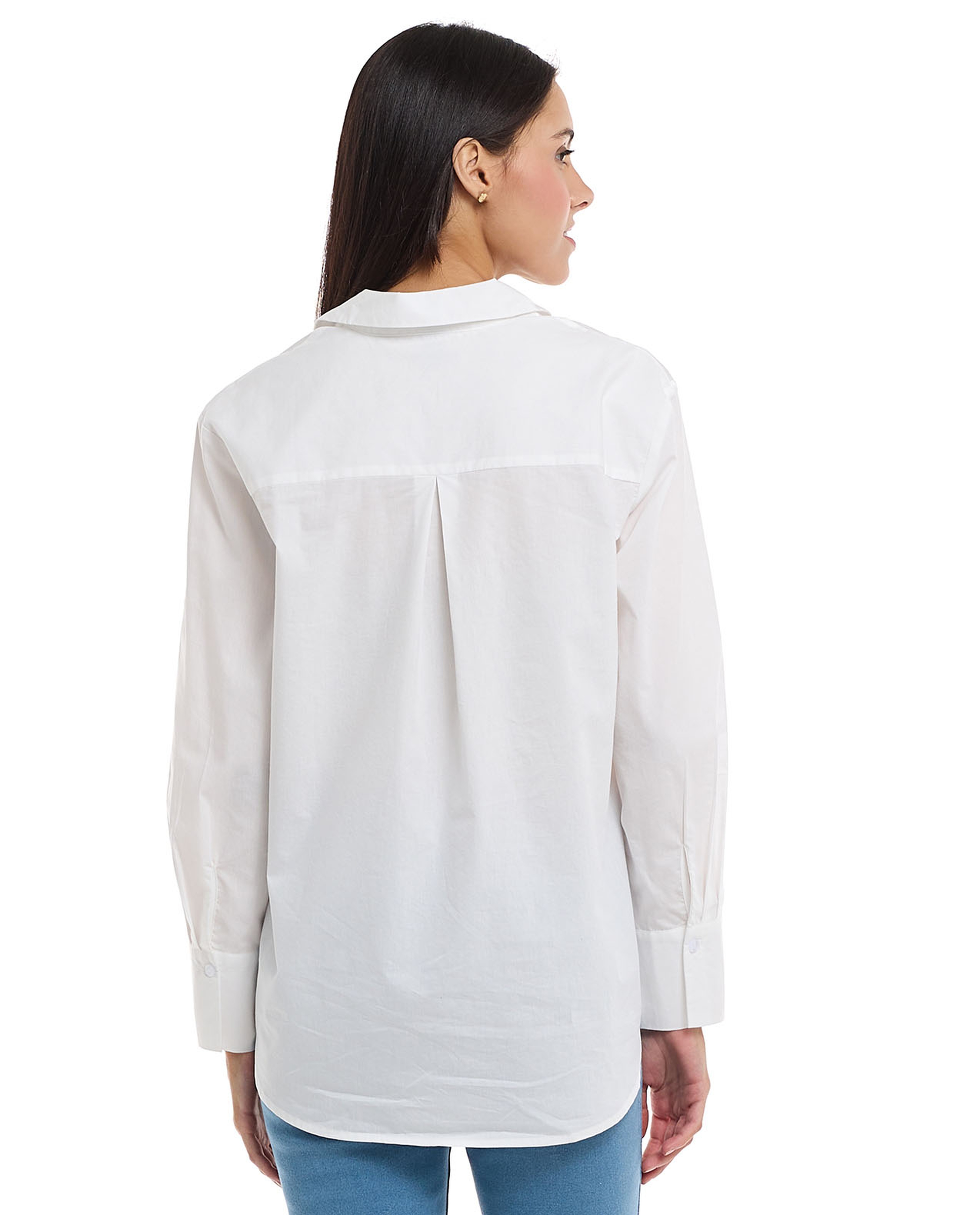 Solid Shirt with Spread Collar and Long Sleeves