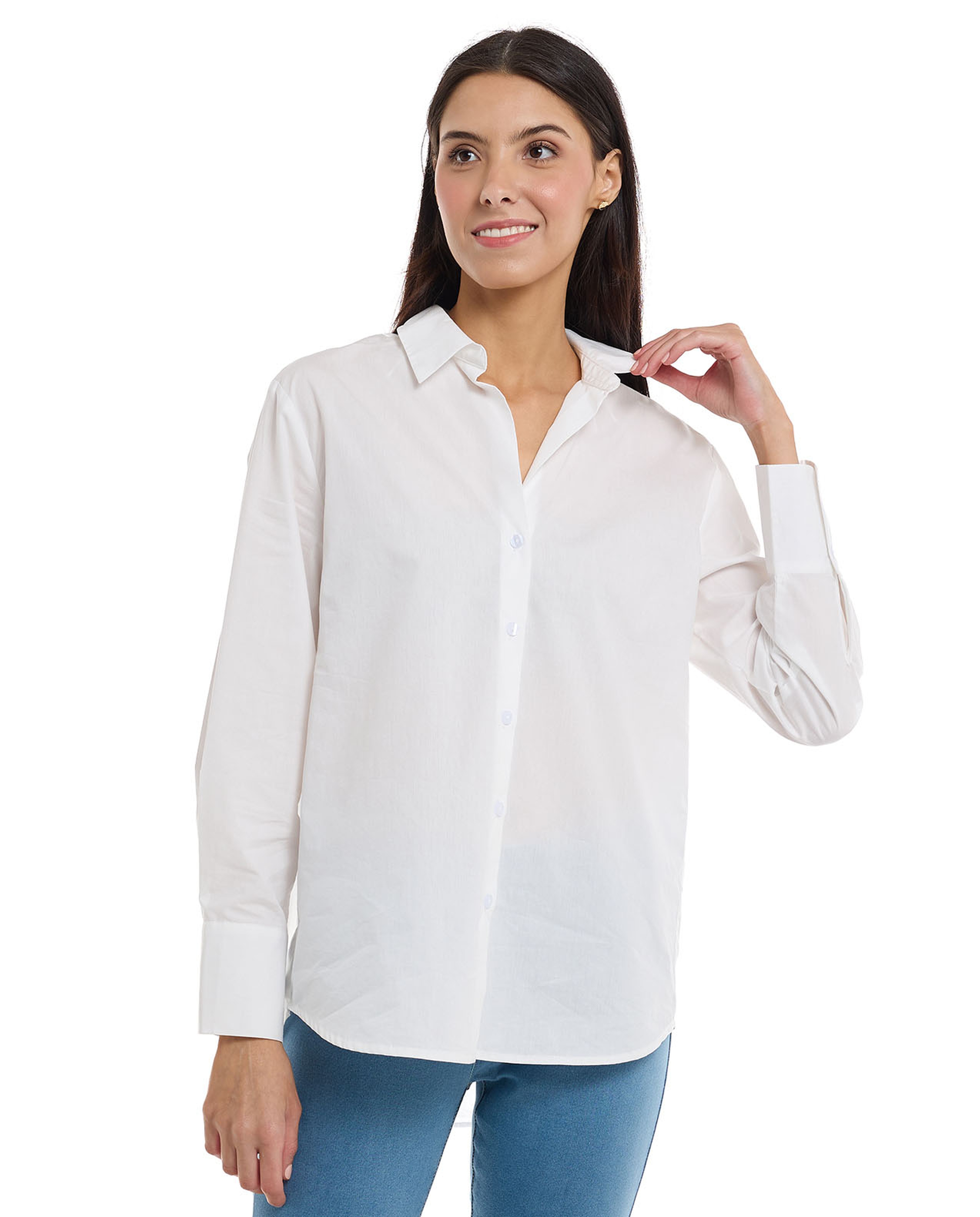 Solid Shirt with Spread Collar and Long Sleeves