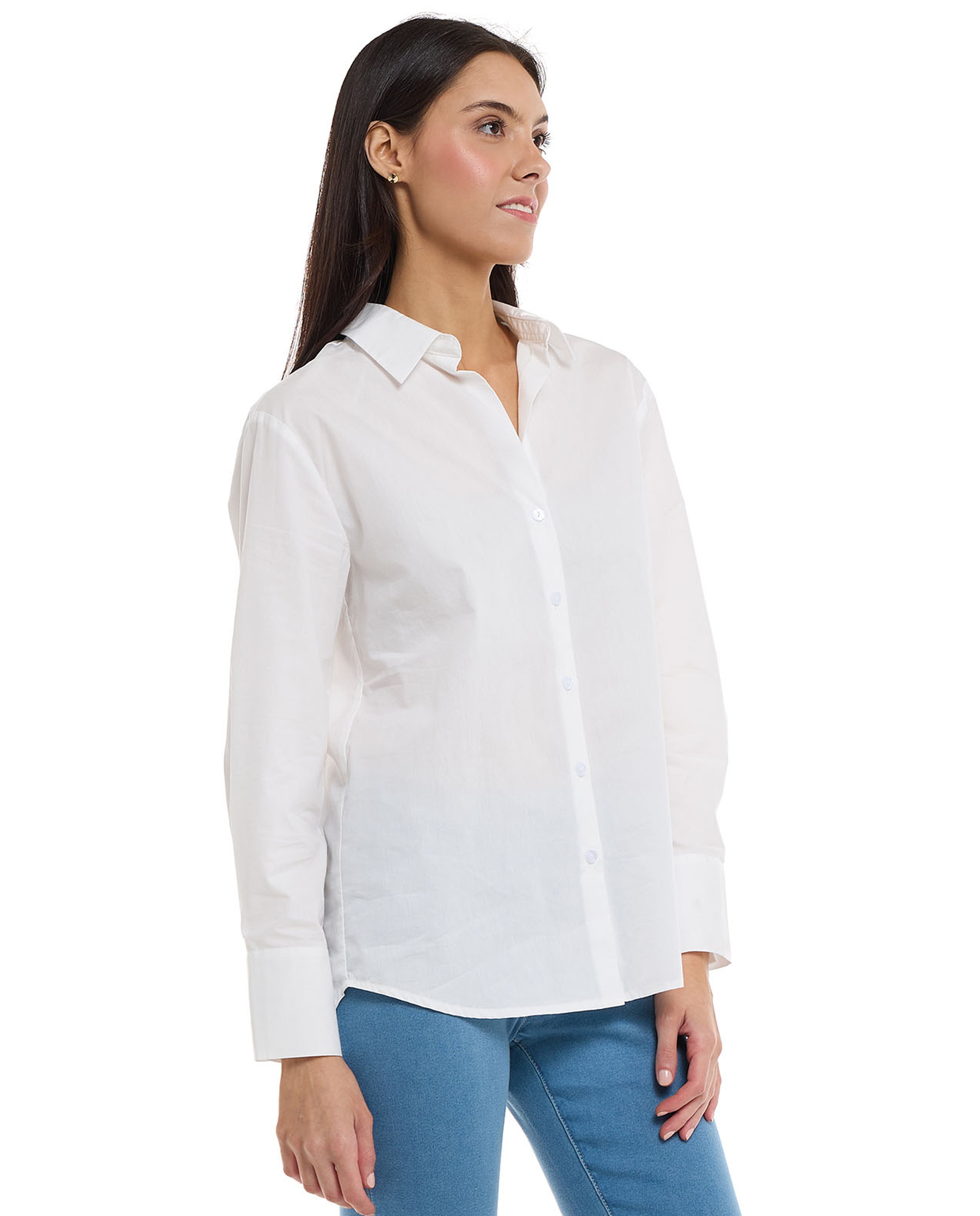 Solid Shirt with Spread Collar and Long Sleeves