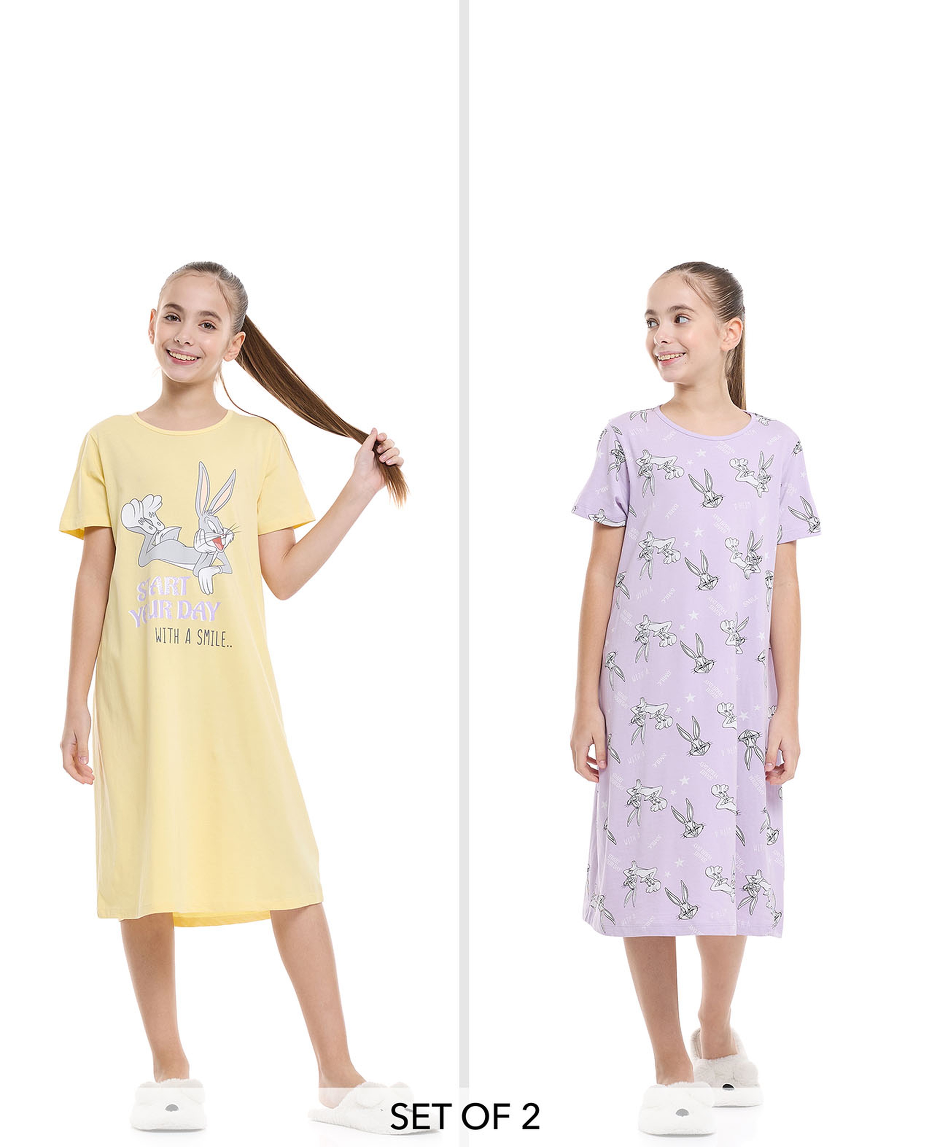 ثوب نوم بأكمام قصيرة ورقبة مستديرة بطبعة