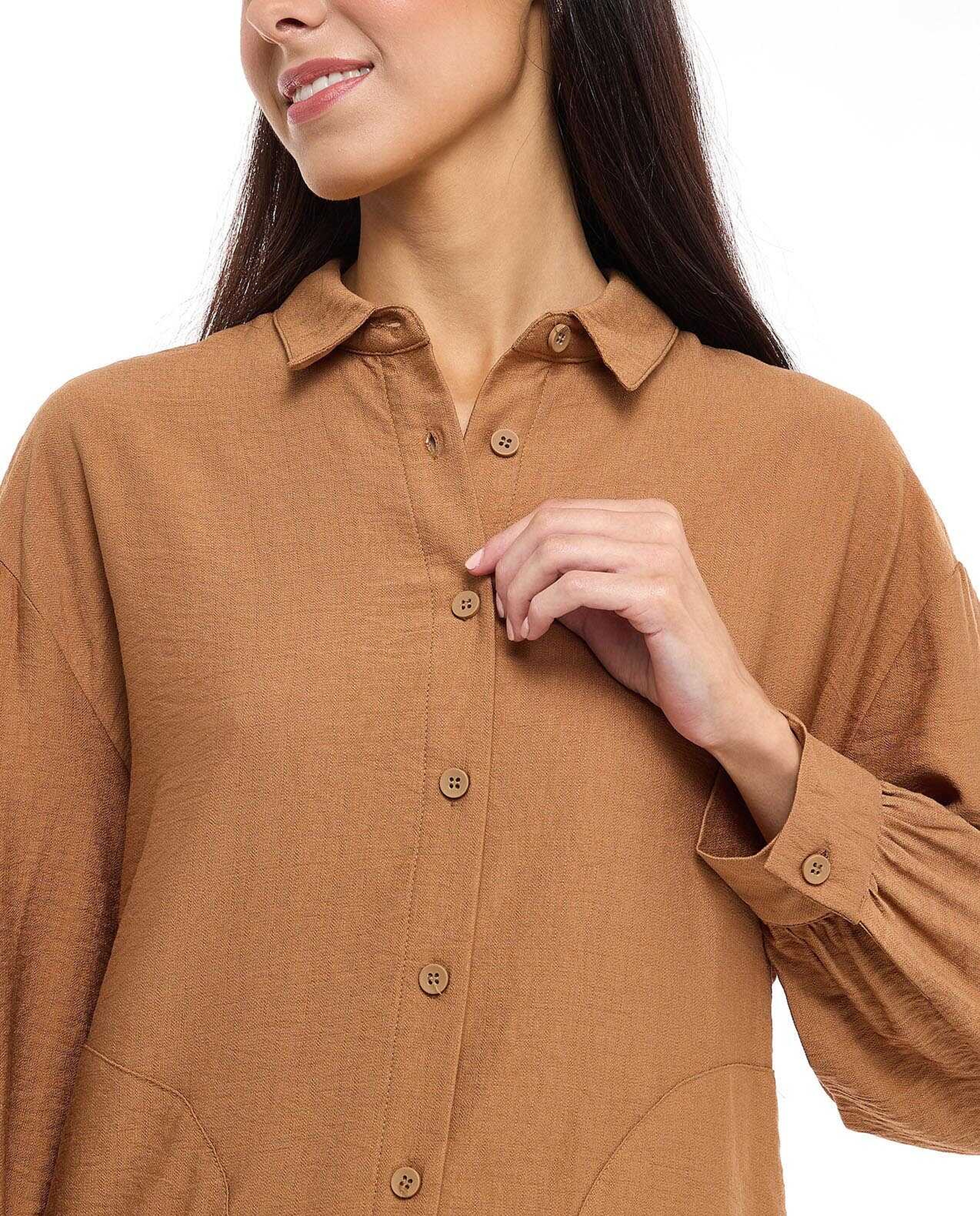 Solid Shirt Tunic with Classic Collar and Long Sleeves