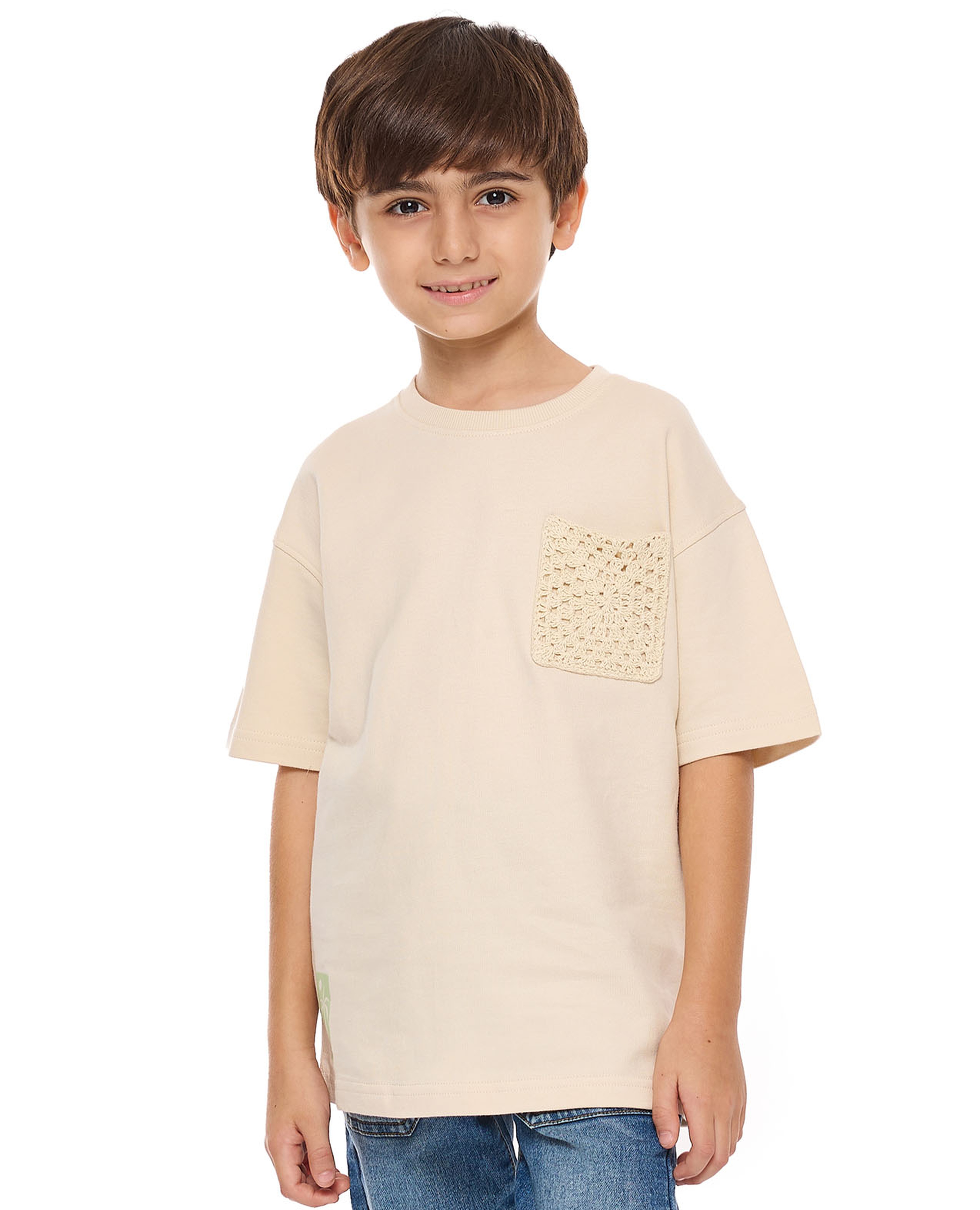 Crochet Pocket Detail T-Shirt with Crew Neck and Short Sleeves