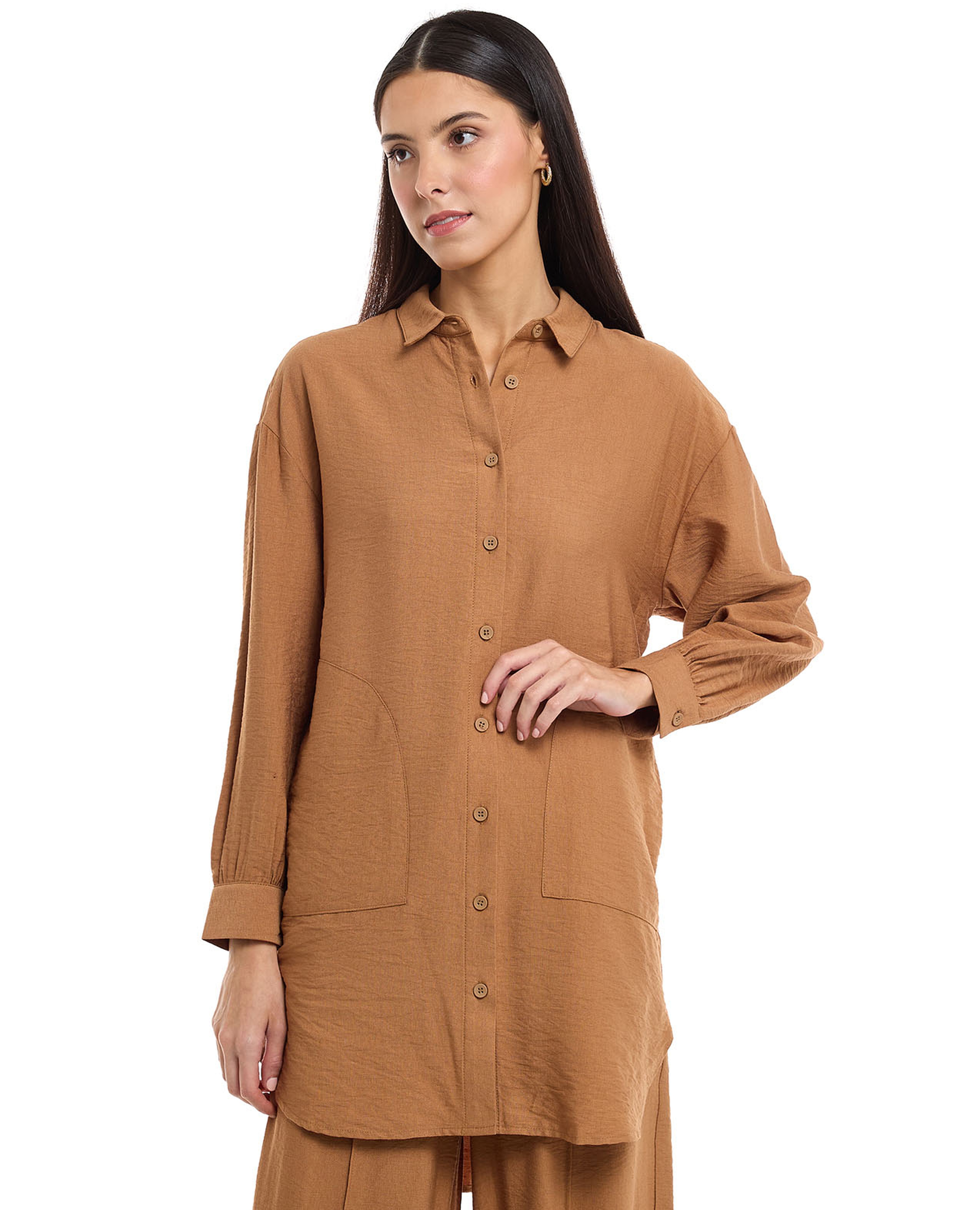 تونيك قميص سادة بأكمام طويلة و ياقة كلاسيك