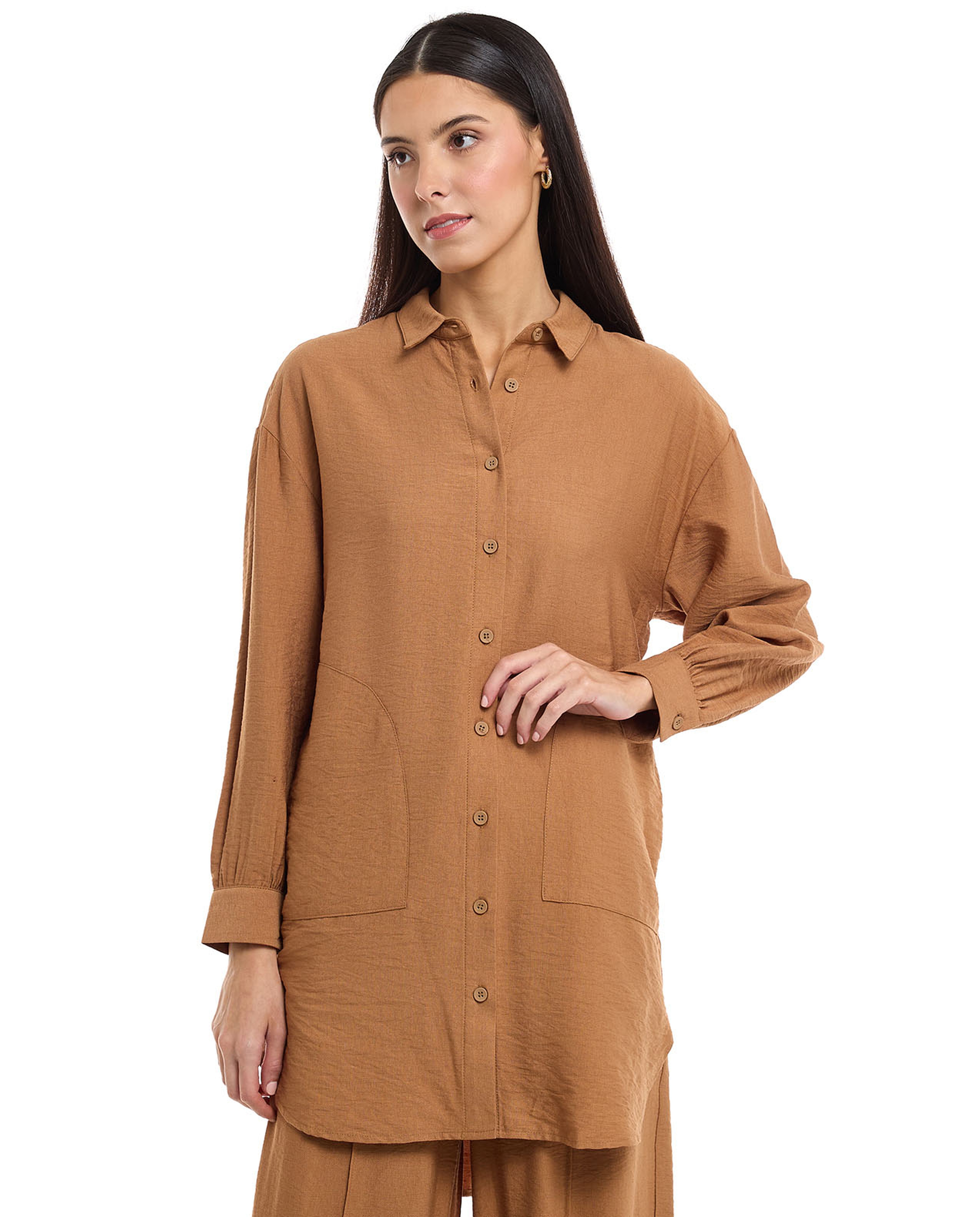 Solid Shirt Tunic with Classic Collar and Long Sleeves