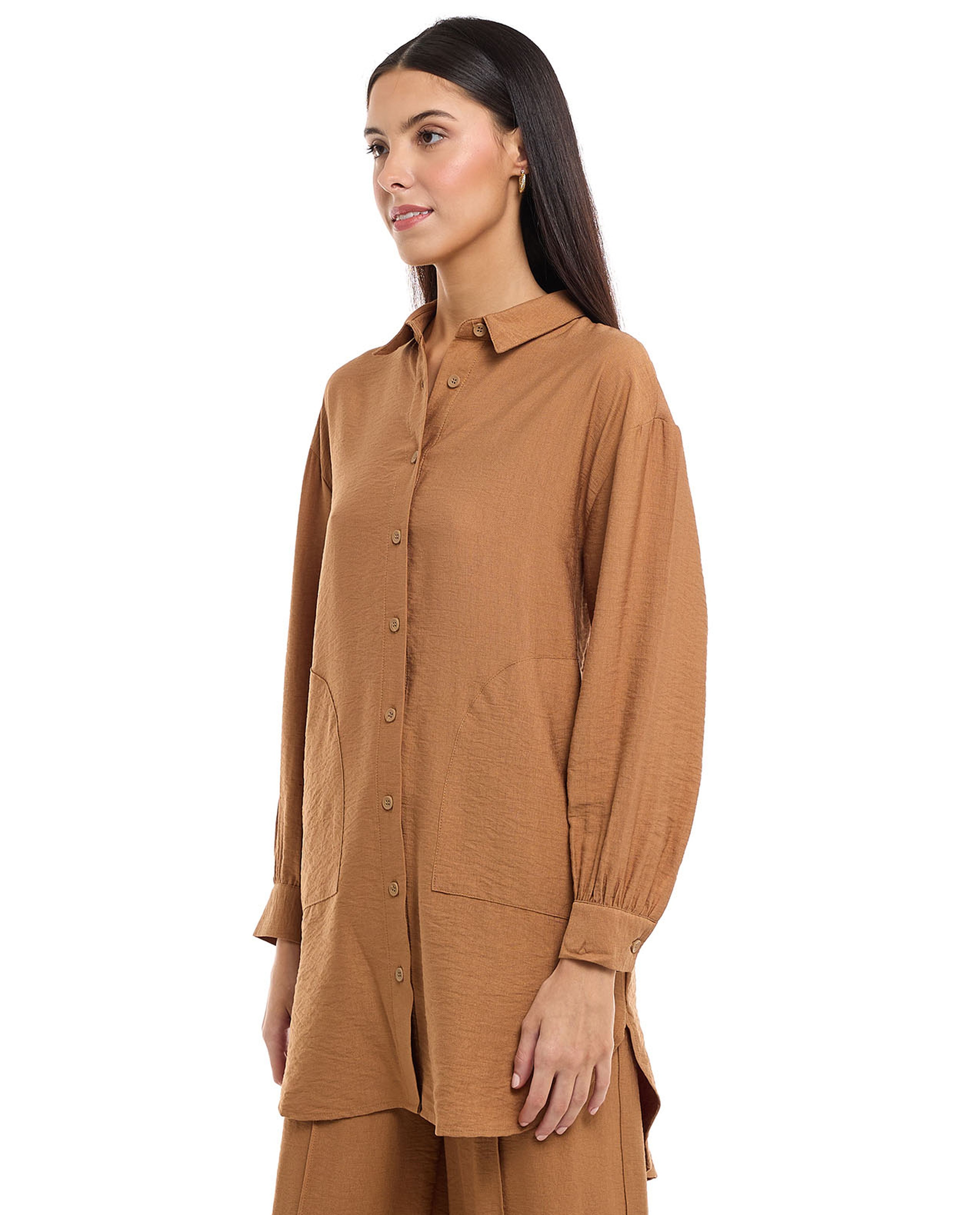 Solid Shirt Tunic with Classic Collar and Long Sleeves